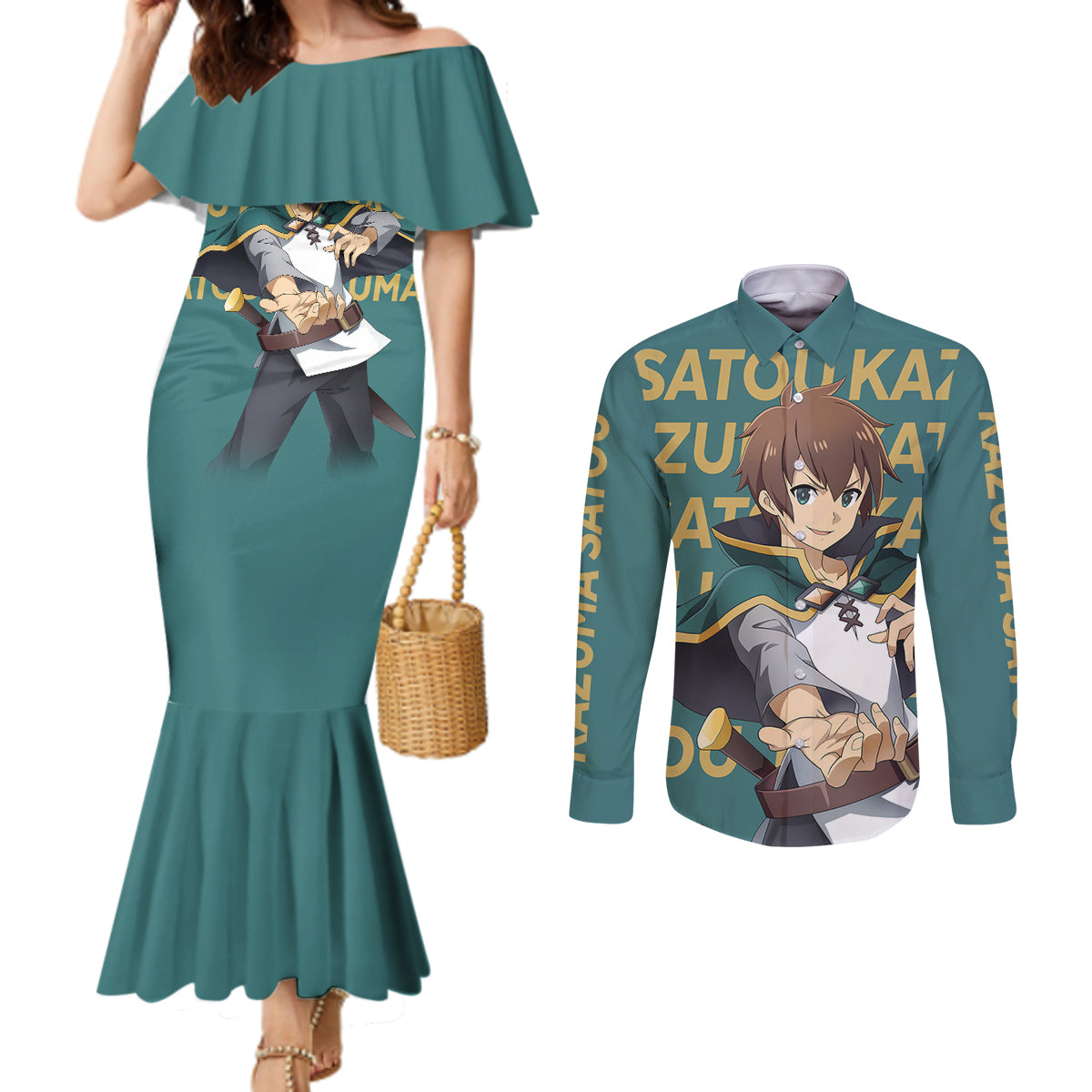 Kazuma Satou KonoSuba Couples Matching Mermaid Dress and Long Sleeve Button Shirt Anime Style