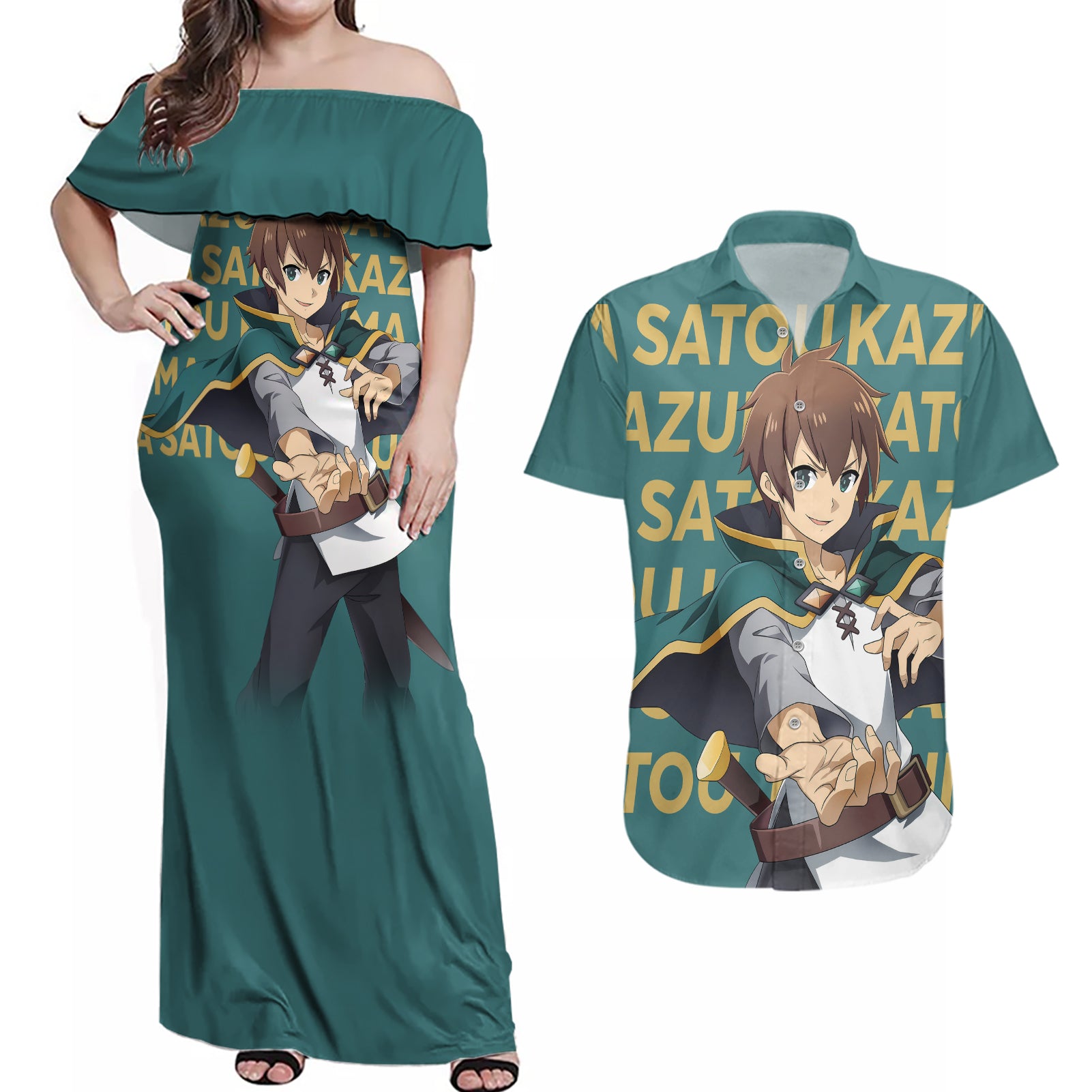 Kazuma Satou KonoSuba Couples Matching Off Shoulder Maxi Dress and Hawaiian Shirt Anime Style