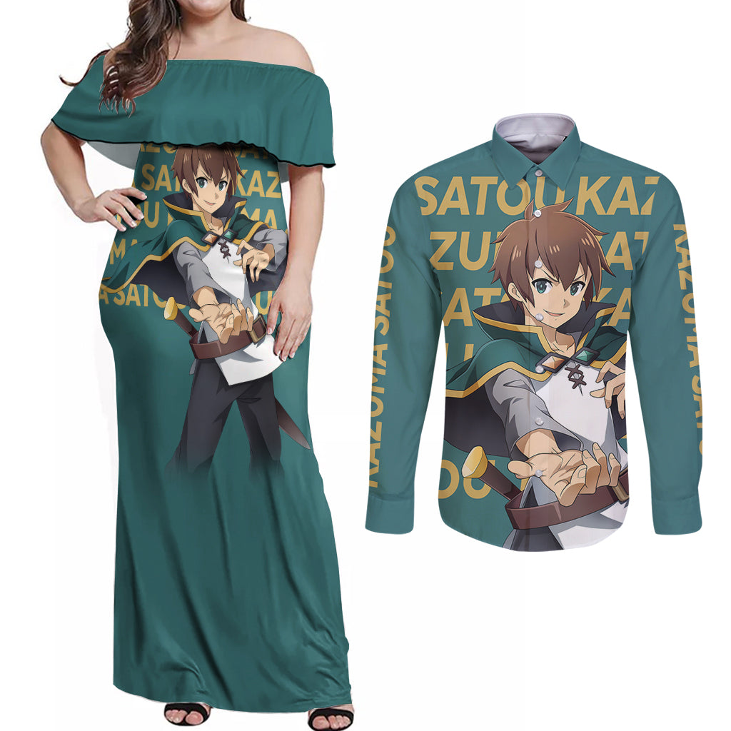 Kazuma Satou KonoSuba Couples Matching Off Shoulder Maxi Dress and Long Sleeve Button Shirt Anime Style