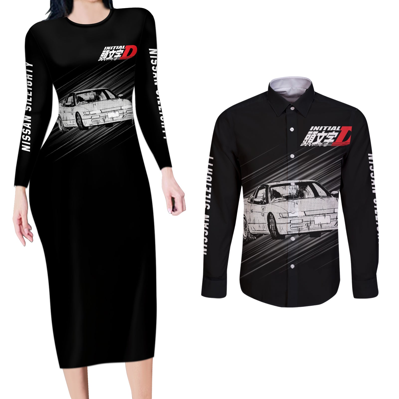 Mako Sato SilEighty Initial D Couples Matching Long Sleeve Bodycon Dress and Long Sleeve Button Shirt Manga Mix Anime Style