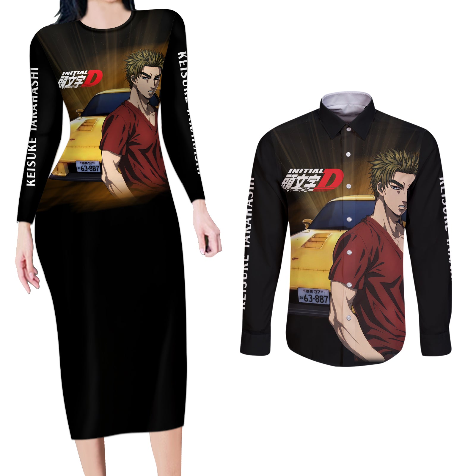 Keisuke Takahashi Initial D Couples Matching Long Sleeve Bodycon Dress and Long Sleeve Button Shirt Anime Style