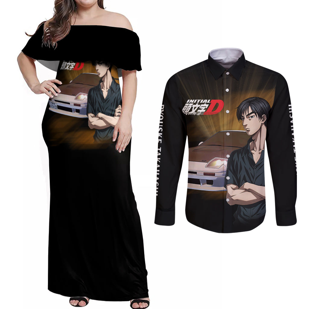 Ryouske Takahashi Initial D Couples Matching Off Shoulder Maxi Dress and Long Sleeve Button Shirt Manga Mix Anime Style