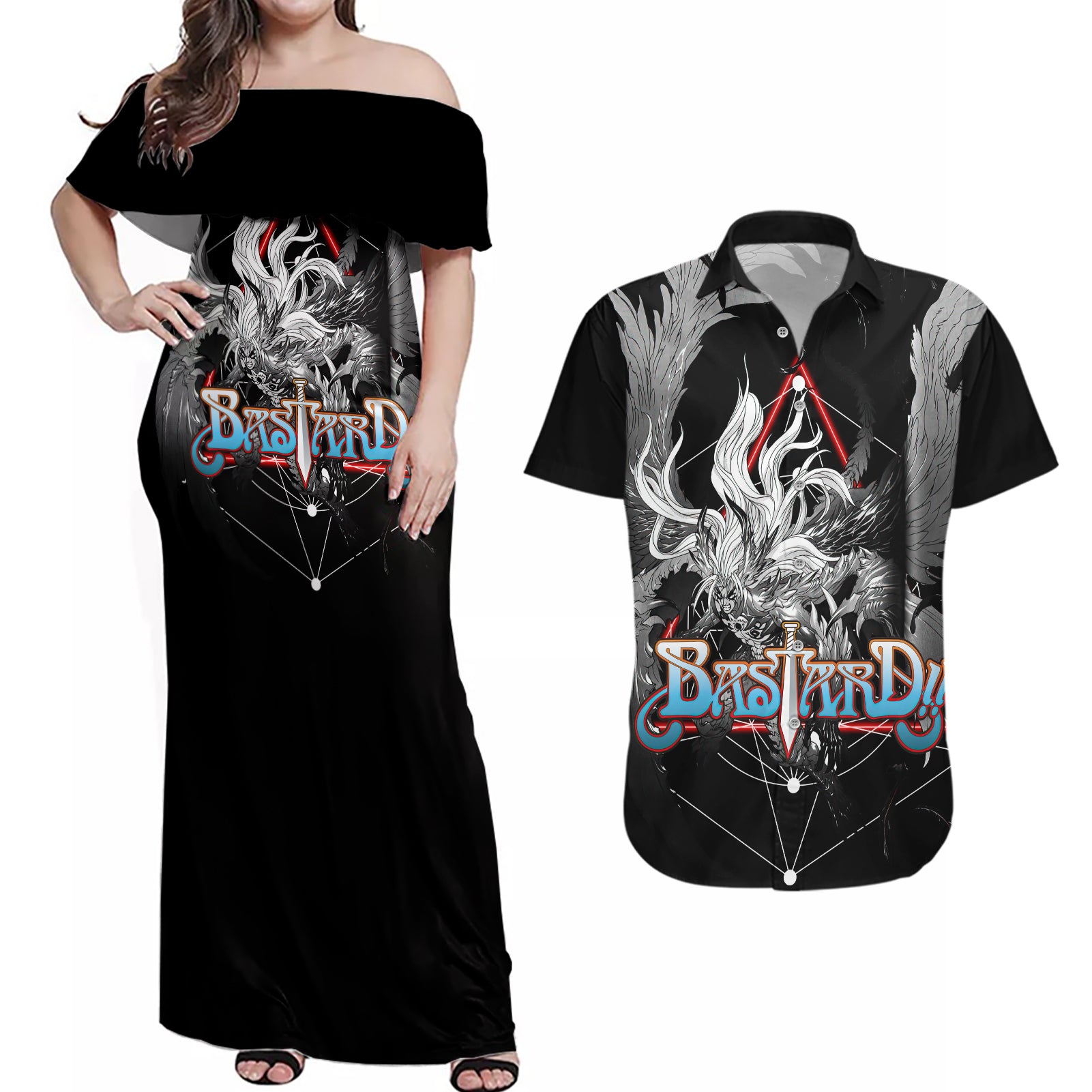 Dark Schneider Basrard Couples Matching Off Shoulder Maxi Dress and Hawaiian Shirt Anime Style