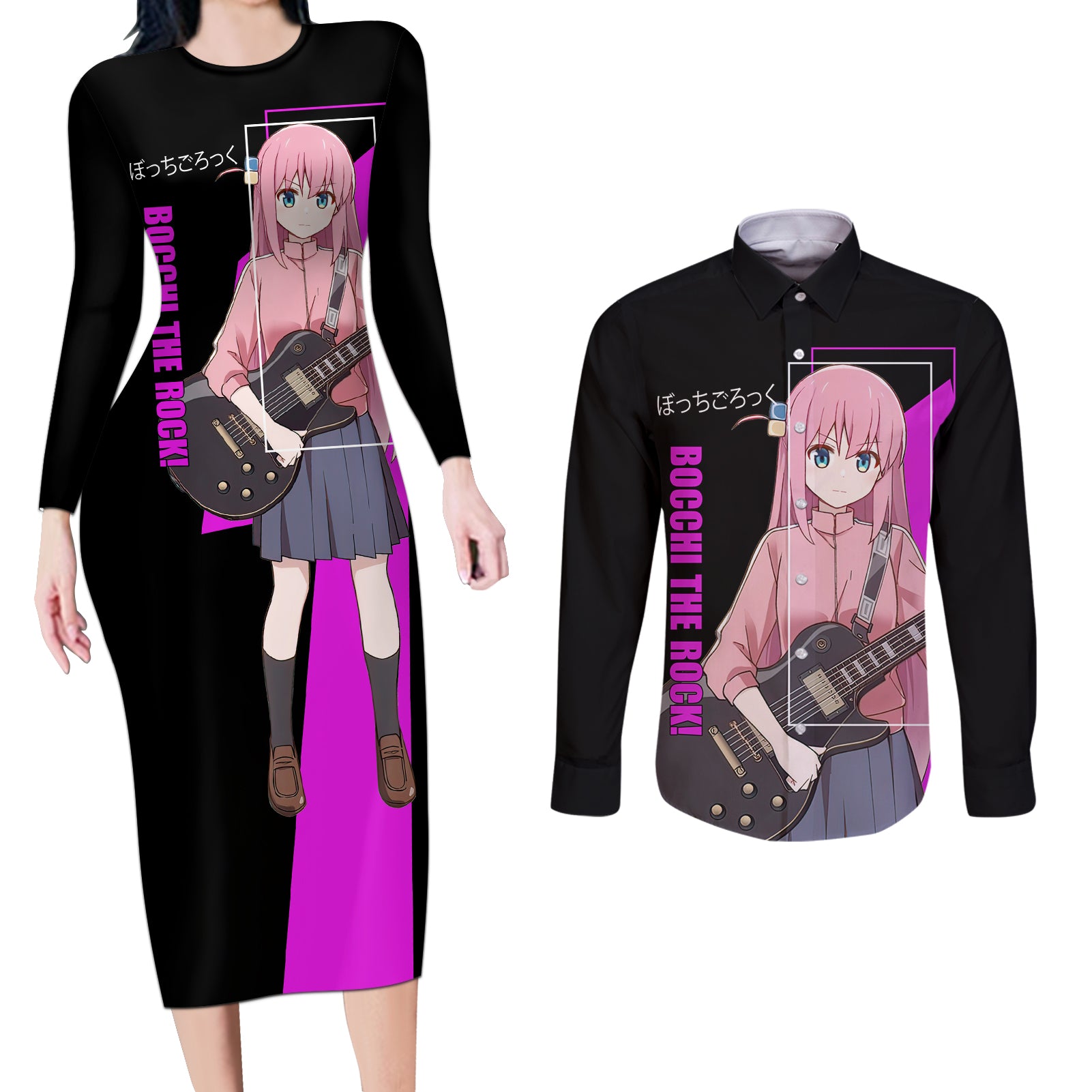 Hitori Gotoh Bochi The Rock! Couples Matching Long Sleeve Bodycon Dress and Long Sleeve Button Shirt Anime Style