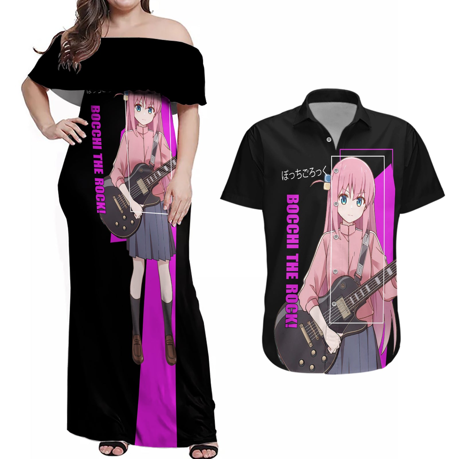 Hitori Gotoh Bochi The Rock! Couples Matching Off Shoulder Maxi Dress and Hawaiian Shirt Anime Style