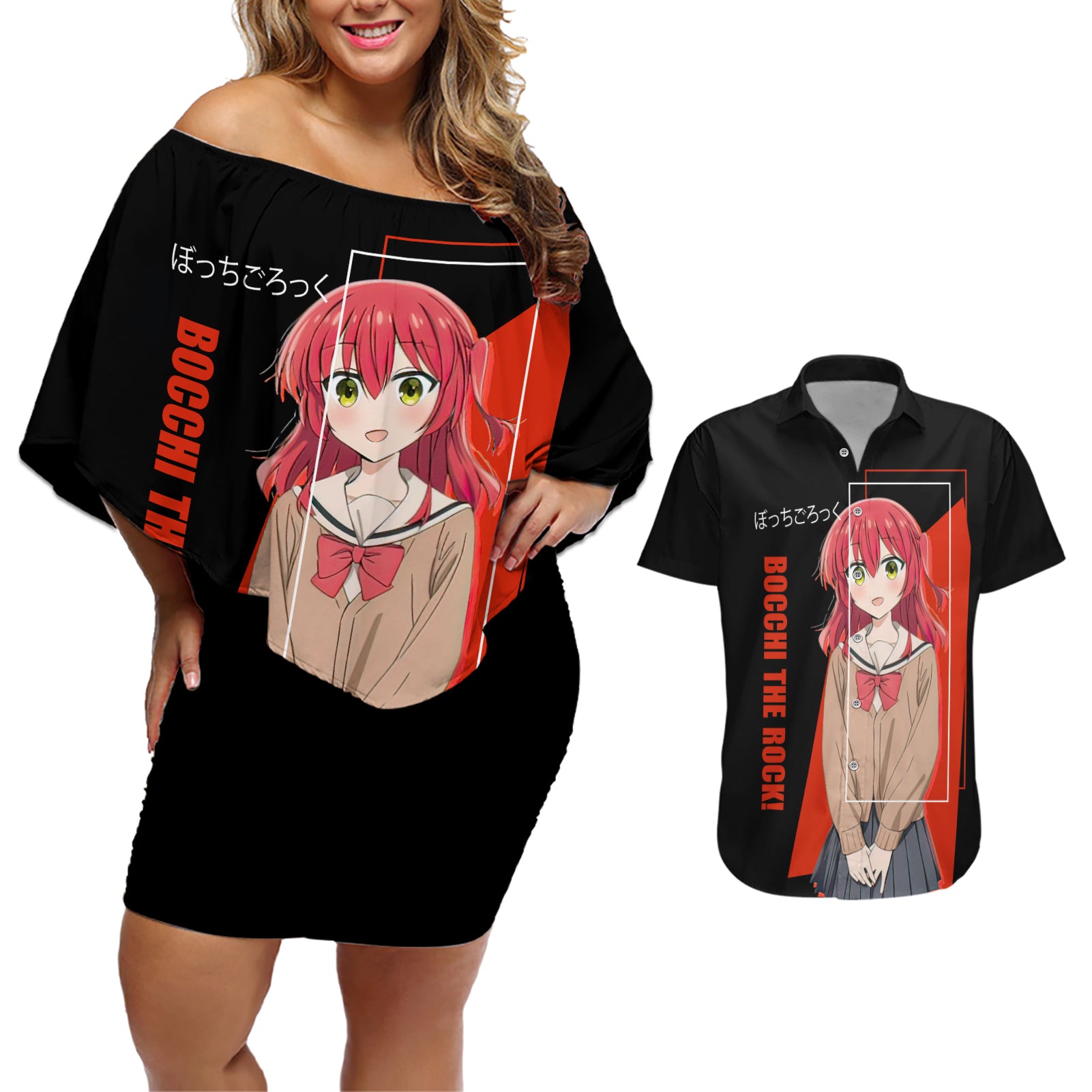 Ikuyo Kita Bochi The Rock! Couples Matching Off Shoulder Short Dress and Hawaiian Shirt Anime Style