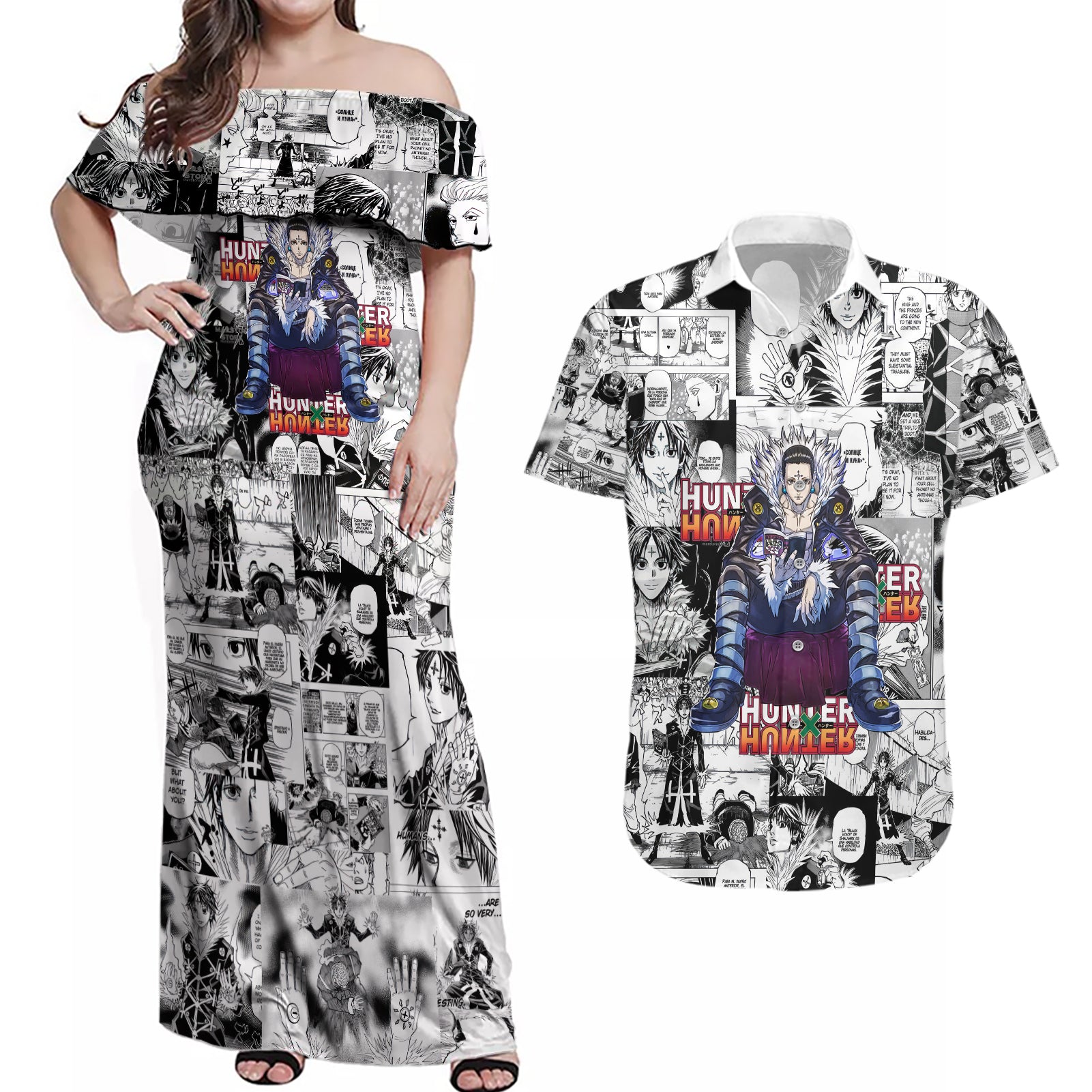 Chrollo Lucilfer Hunter X Hunter Couples Matching Off Shoulder Maxi Dress and Hawaiian Shirt Manga Mix Anime Style