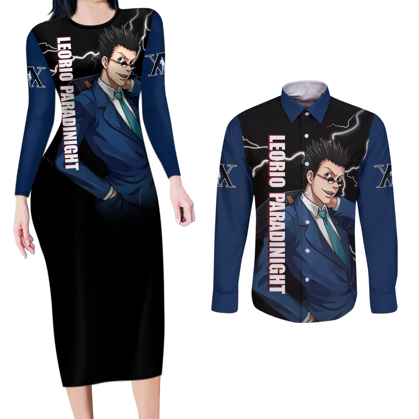 Leorio Hunter X Hunter Couples Matching Long Sleeve Bodycon Dress and Long Sleeve Button Shirt Anime Style