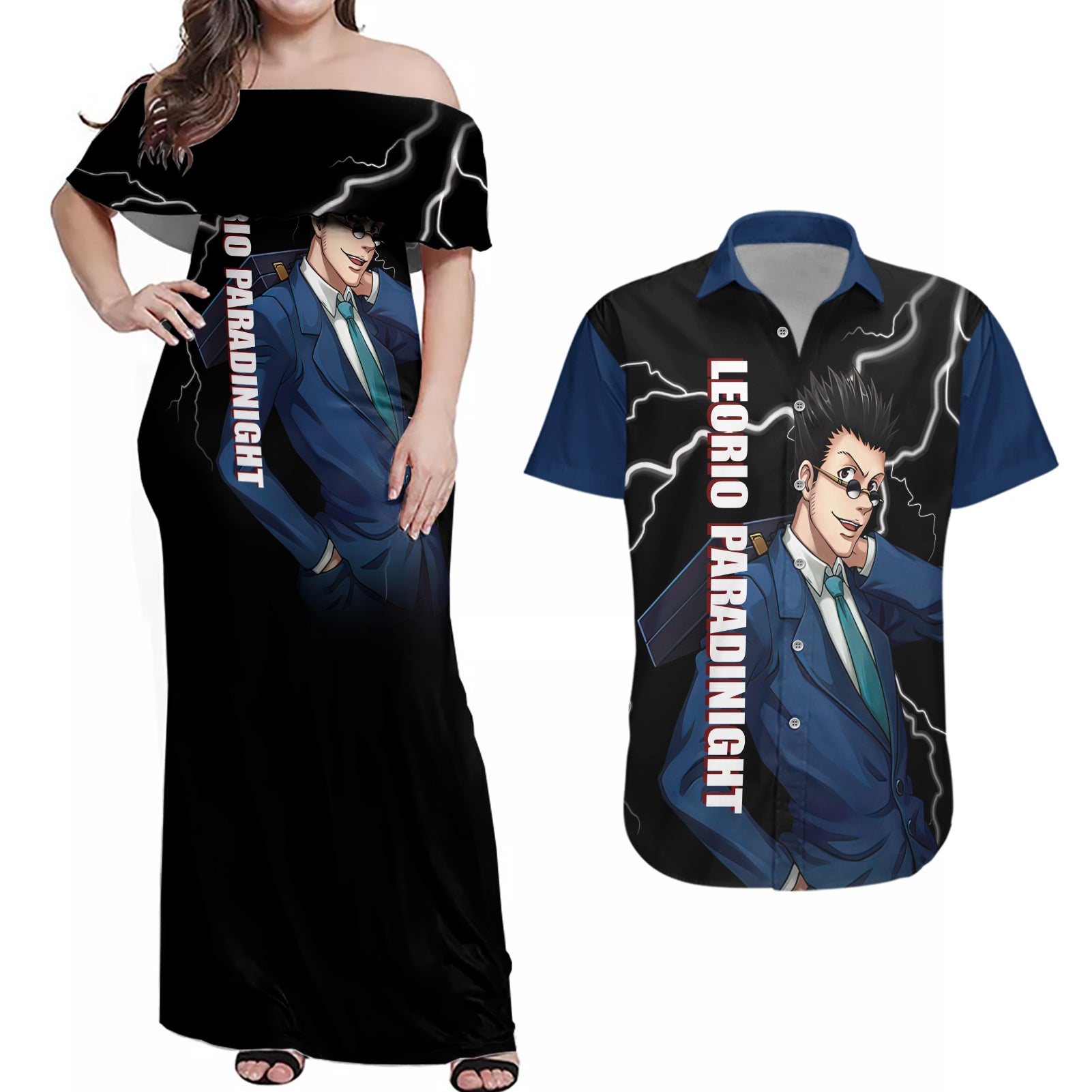 Leorio Hunter X Hunter Couples Matching Off Shoulder Maxi Dress and Hawaiian Shirt Anime Style