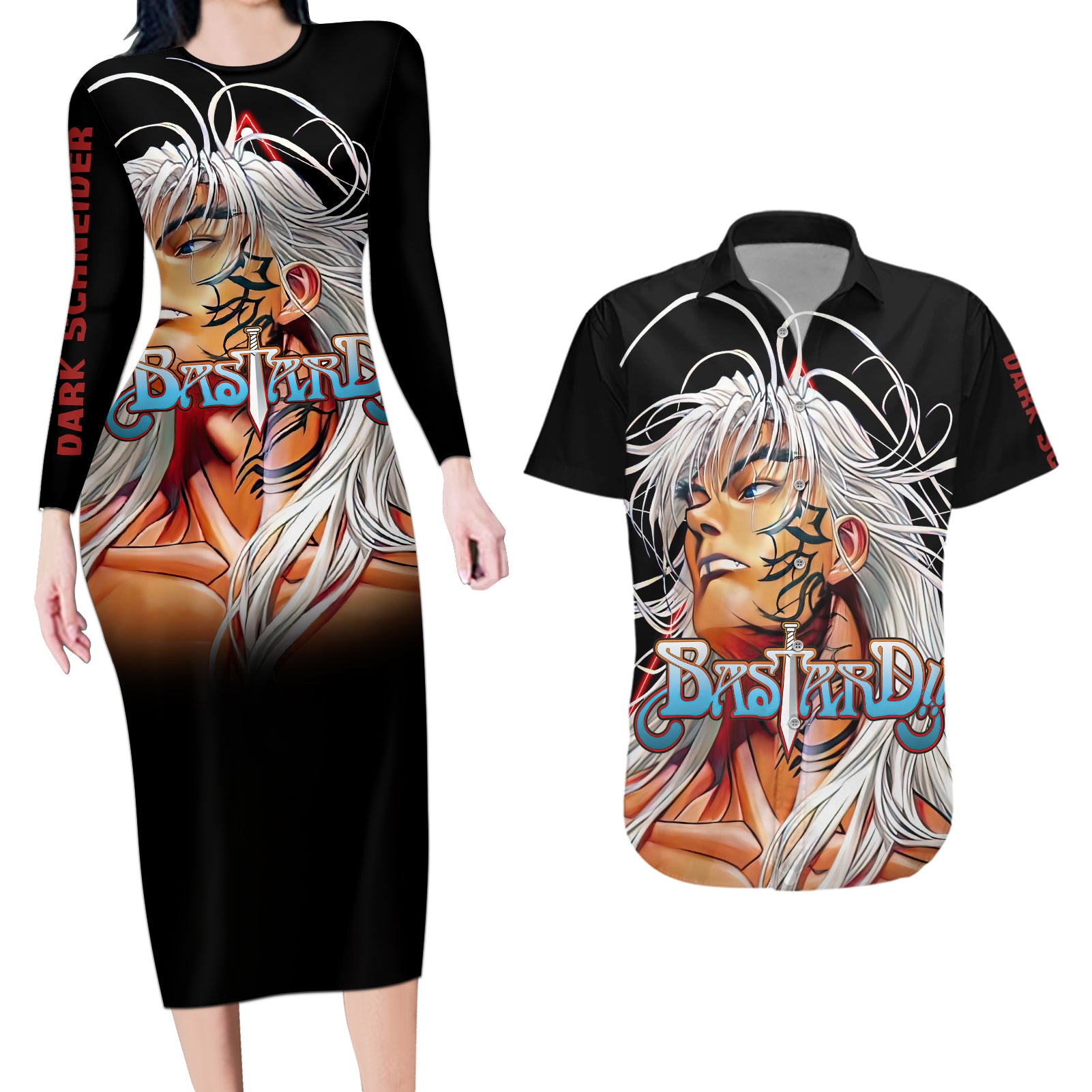 Dark Schneider Basrard Couples Matching Long Sleeve Bodycon Dress and Hawaiian Shirt Anime Style