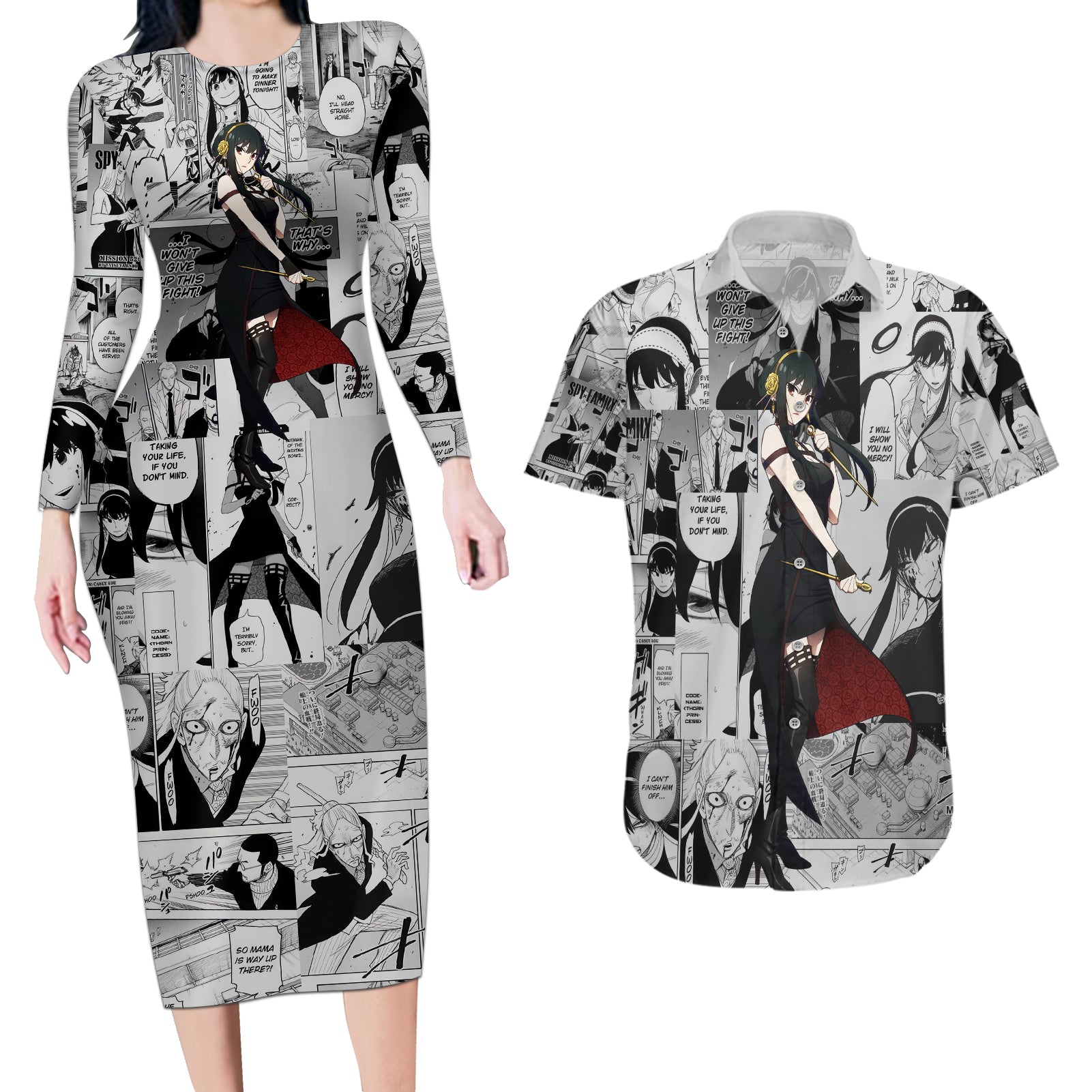 Yor Forger Spy X Family Couples Matching Long Sleeve Bodycon Dress and Hawaiian Shirt Manga Mix Anime Style