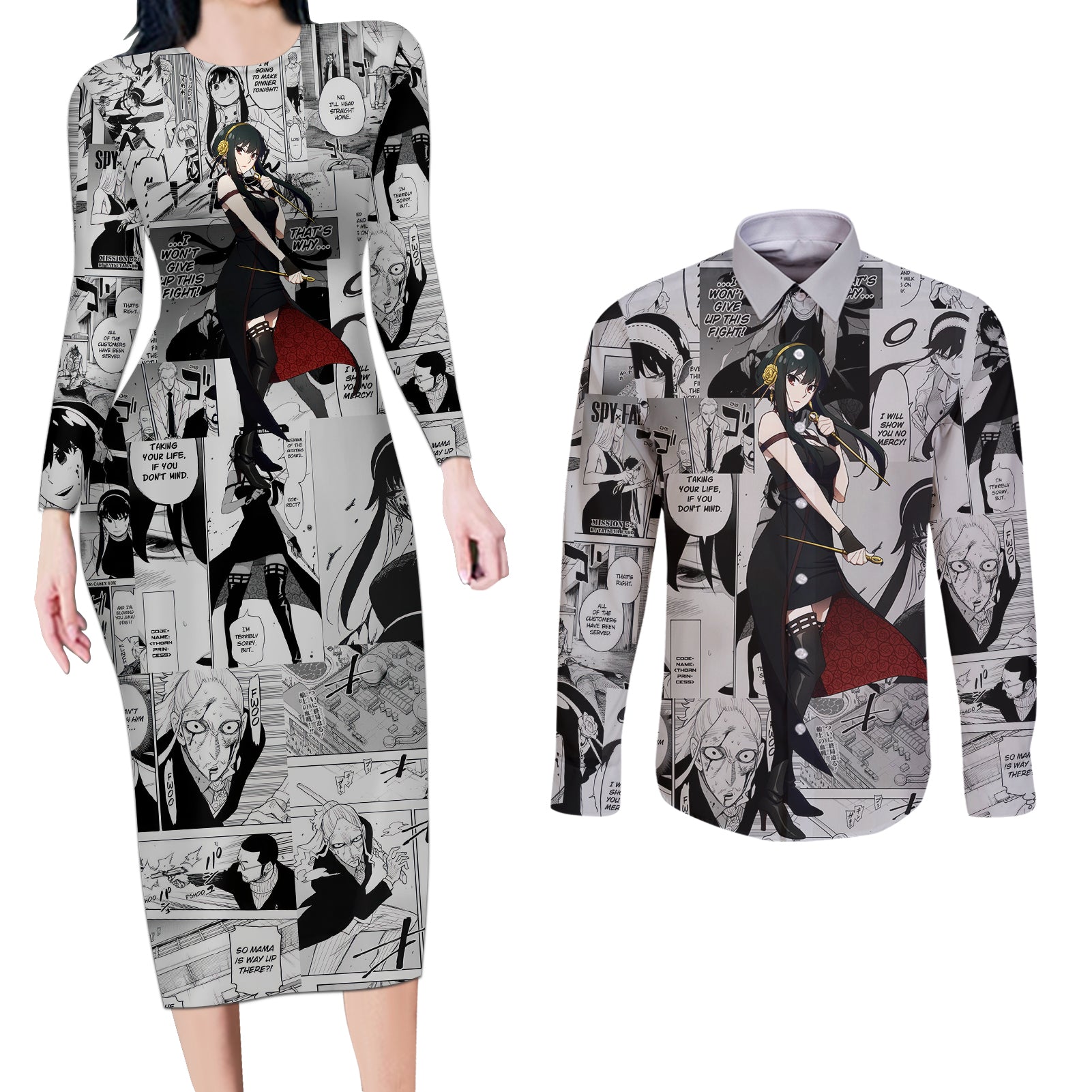 Yor Forger Spy X Family Couples Matching Long Sleeve Bodycon Dress and Long Sleeve Button Shirt Manga Mix Anime Style