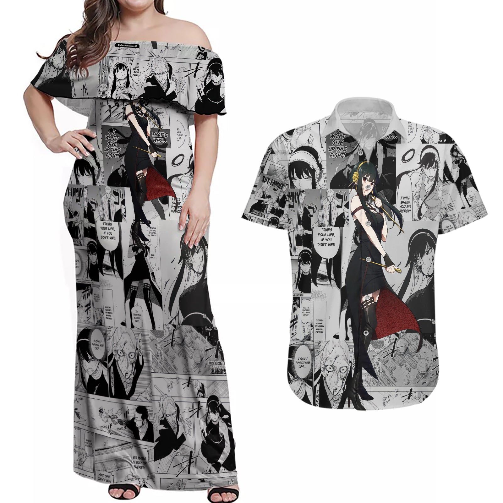 Yor Forger Spy X Family Couples Matching Off Shoulder Maxi Dress and Hawaiian Shirt Manga Mix Anime Style