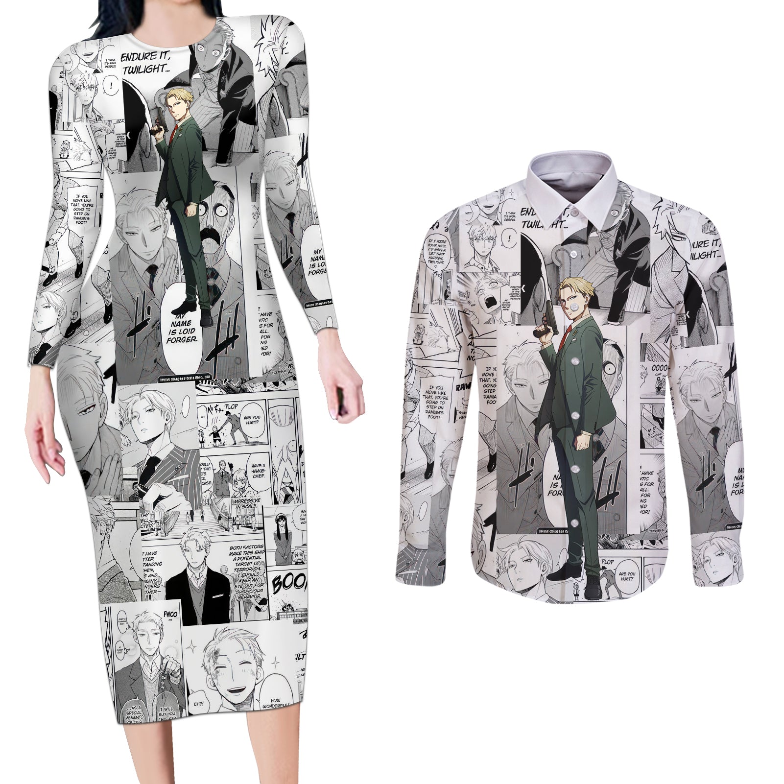 Loid Forger Spy X Family Couples Matching Long Sleeve Bodycon Dress and Long Sleeve Button Shirt Manga Mix Anime Style