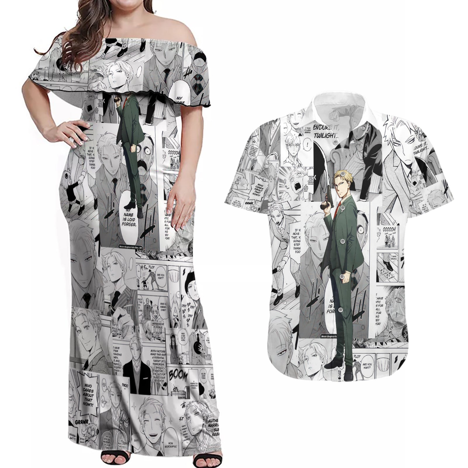 Loid Forger Spy X Family Couples Matching Off Shoulder Maxi Dress and Hawaiian Shirt Manga Mix Anime Style