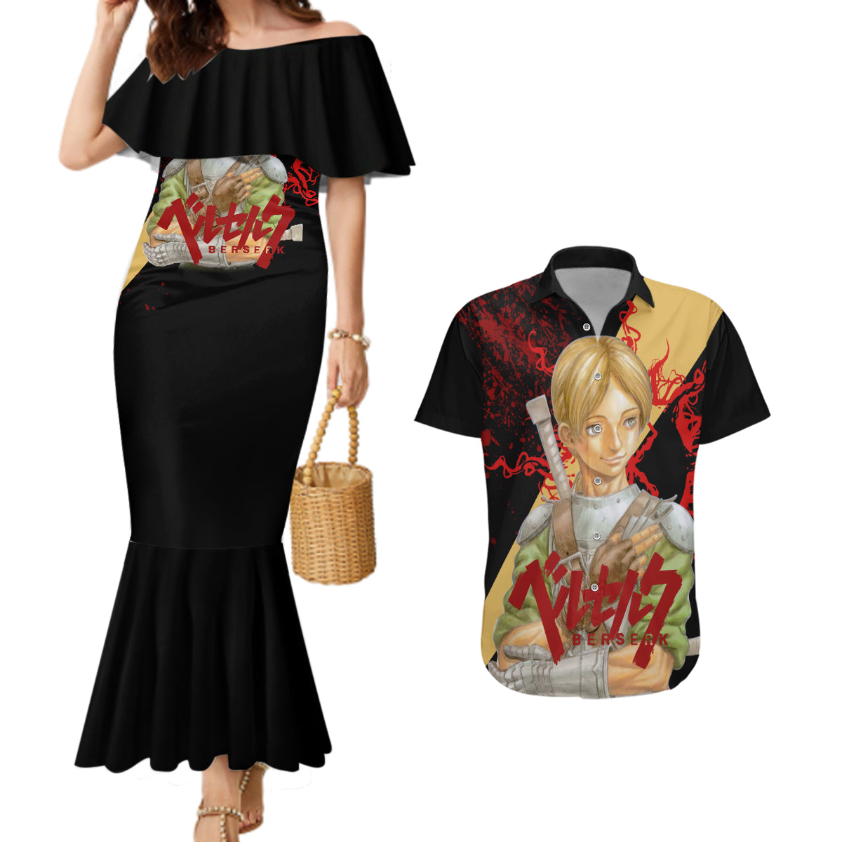 Judeau Berserk Couples Matching Mermaid Dress and Hawaiian Shirt Black Blood Style