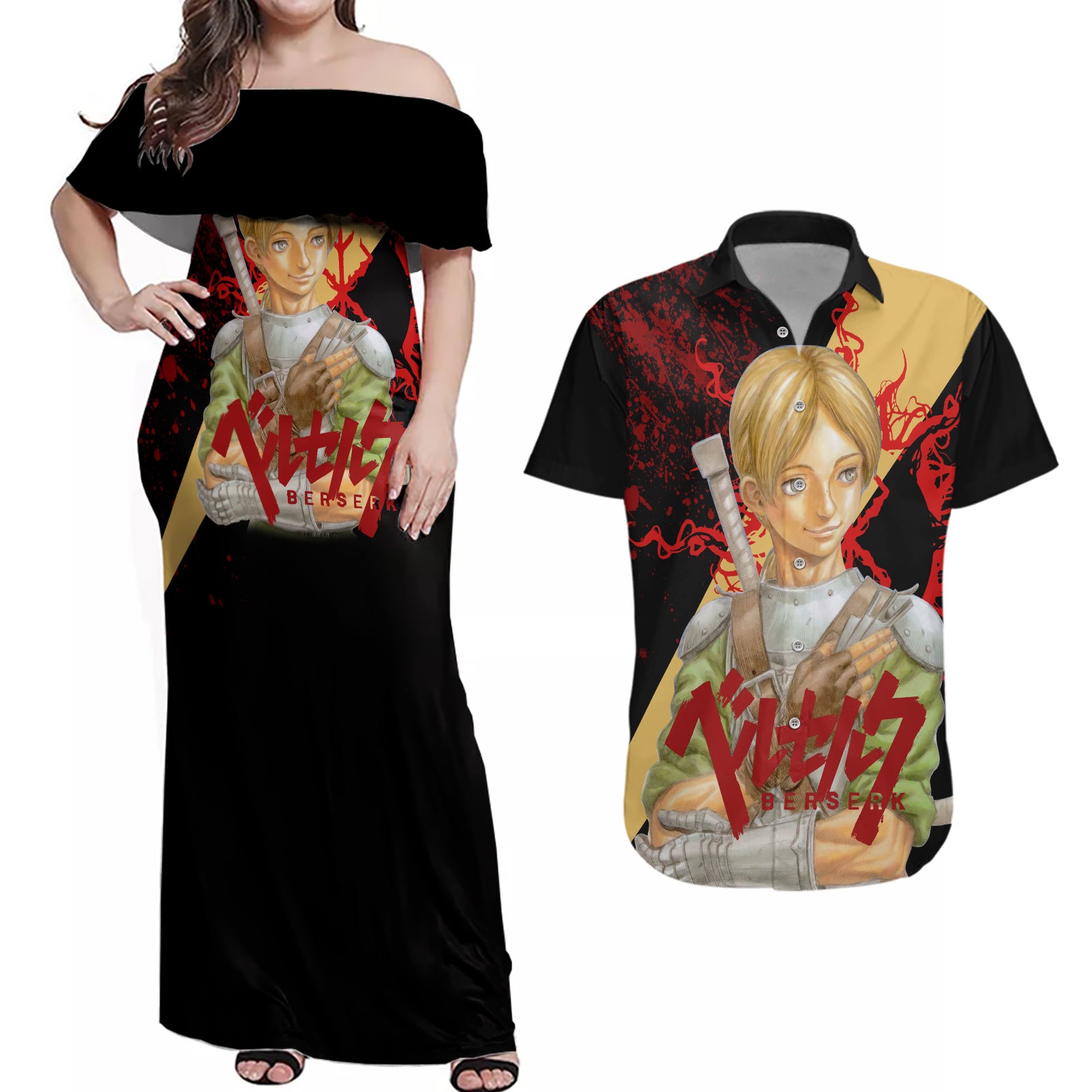 Judeau Berserk Couples Matching Off Shoulder Maxi Dress and Hawaiian Shirt Black Blood Style