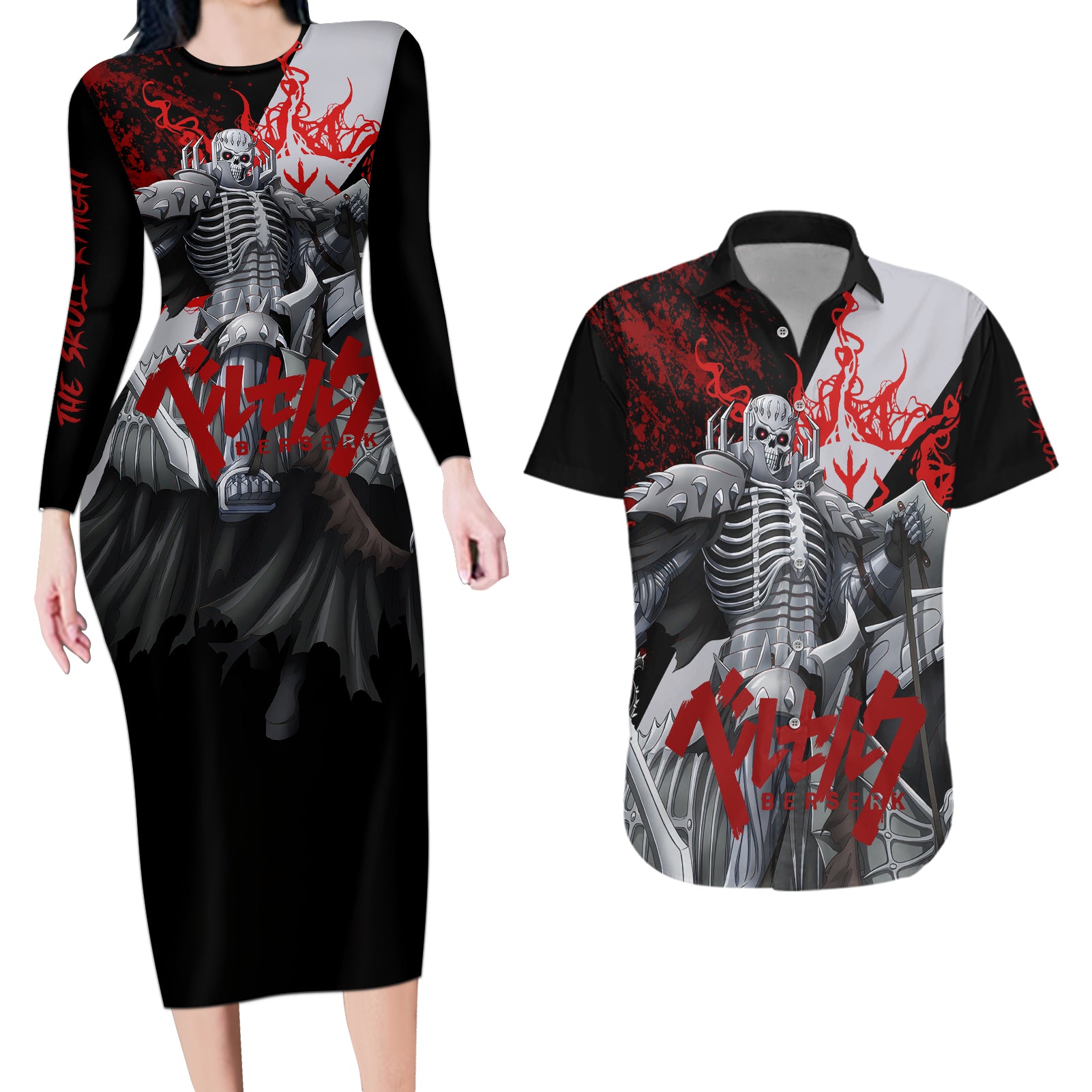 The Skull Knight Berserk Couples Matching Long Sleeve Bodycon Dress and Hawaiian Shirt Black Blood Style
