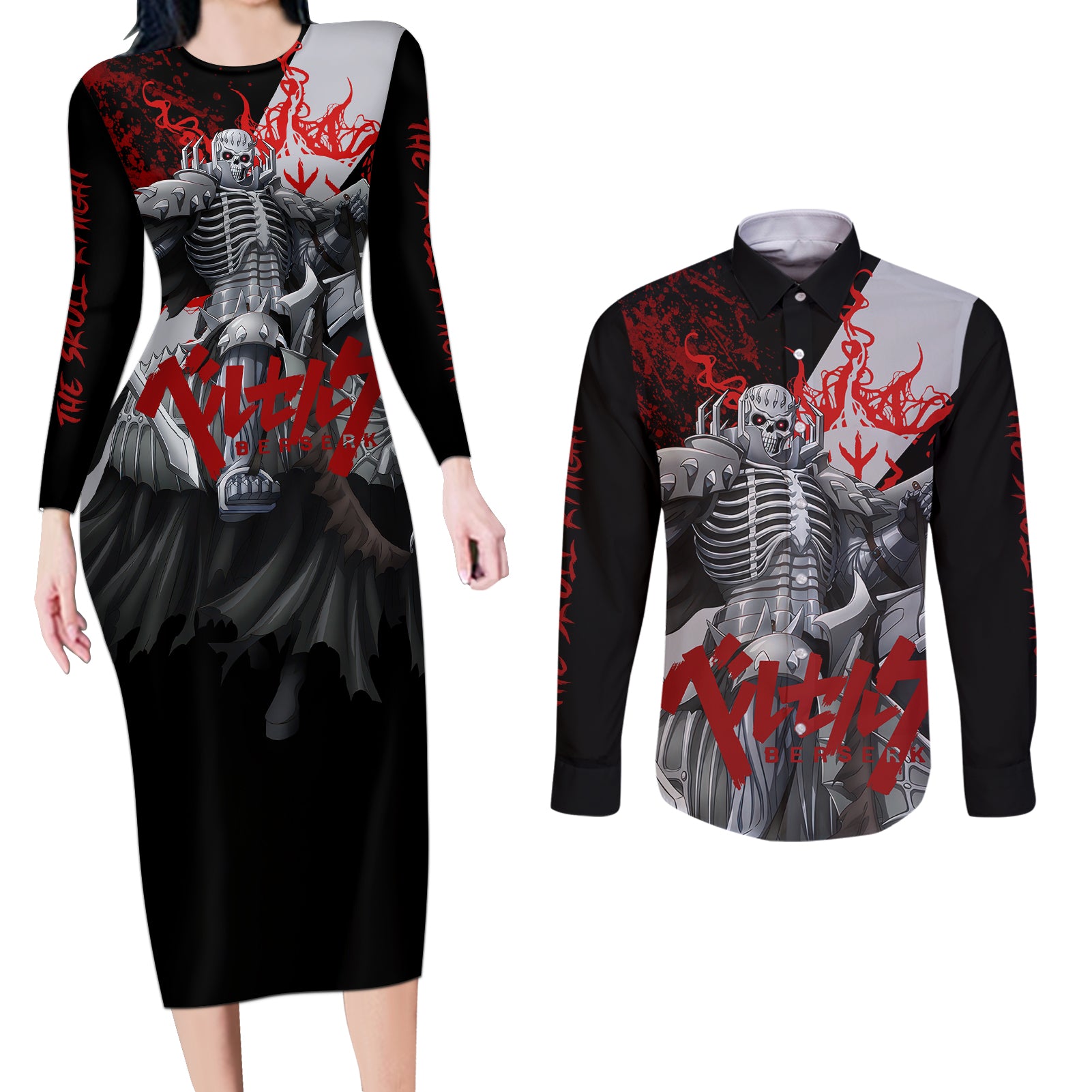 The Skull Knight Berserk Couples Matching Long Sleeve Bodycon Dress and Long Sleeve Button Shirt Black Blood Style