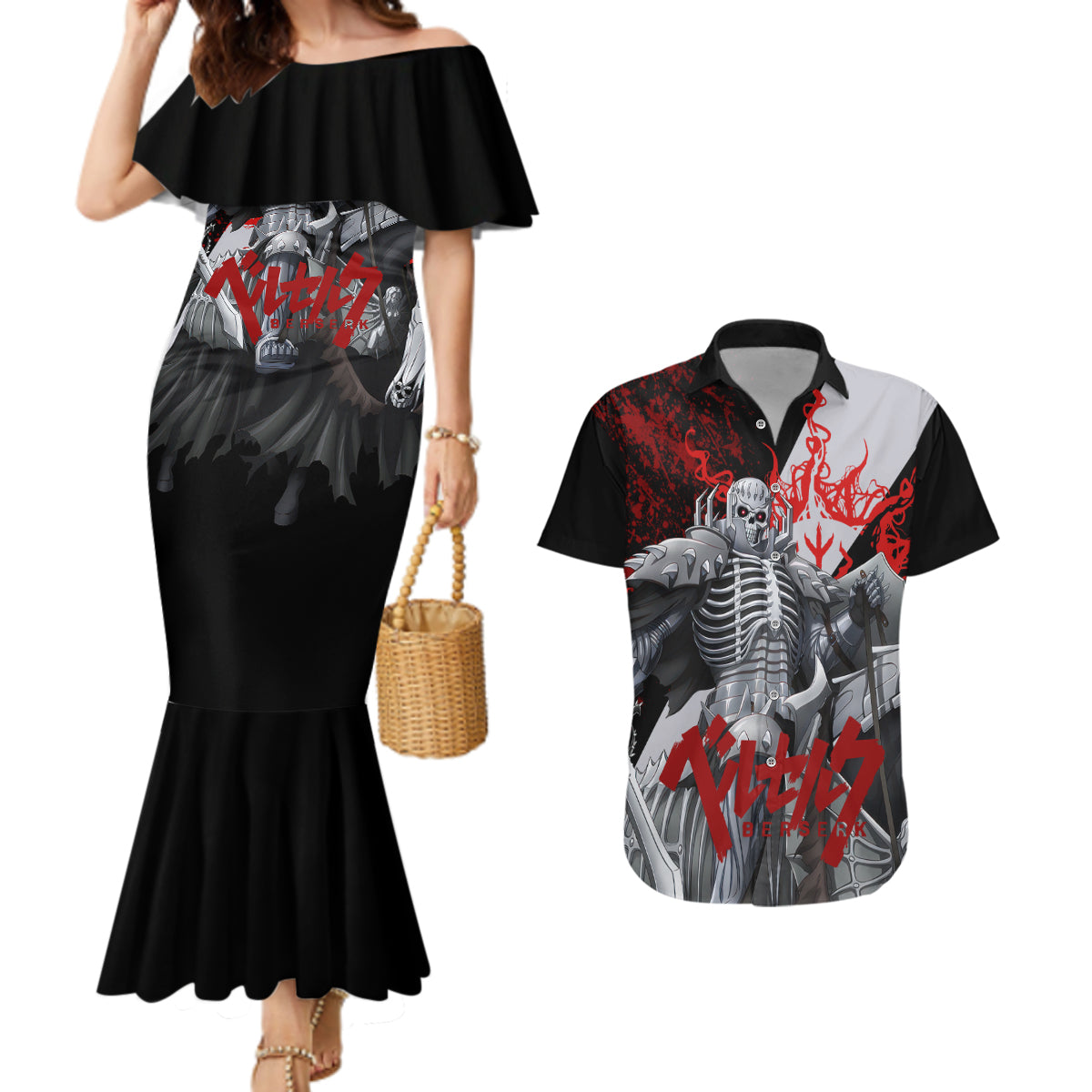 The Skull Knight Berserk Couples Matching Mermaid Dress and Hawaiian Shirt Black Blood Style