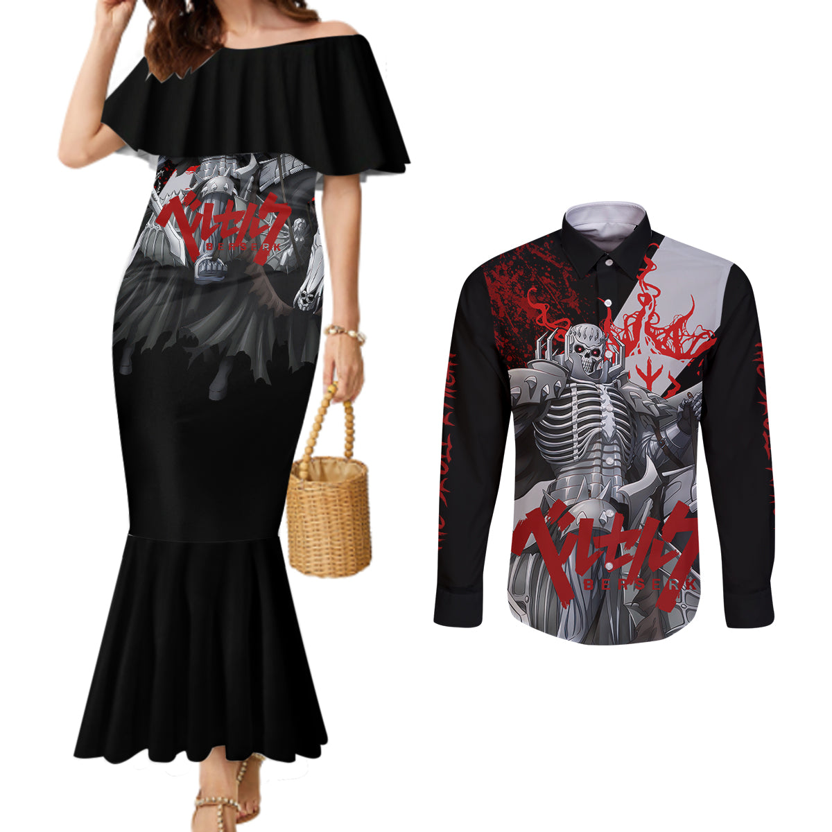 The Skull Knight Berserk Couples Matching Mermaid Dress and Long Sleeve Button Shirt Black Blood Style
