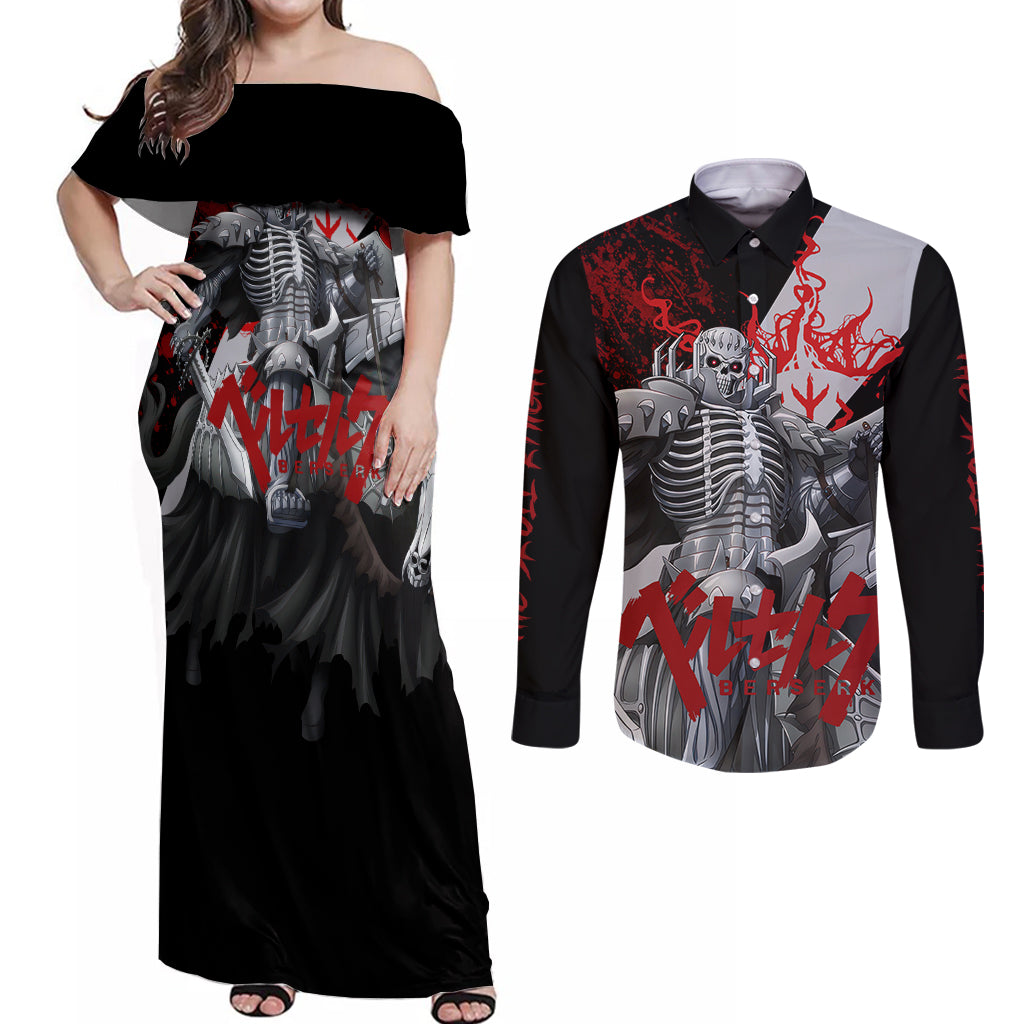 The Skull Knight Berserk Couples Matching Off Shoulder Maxi Dress and Long Sleeve Button Shirt Black Blood Style