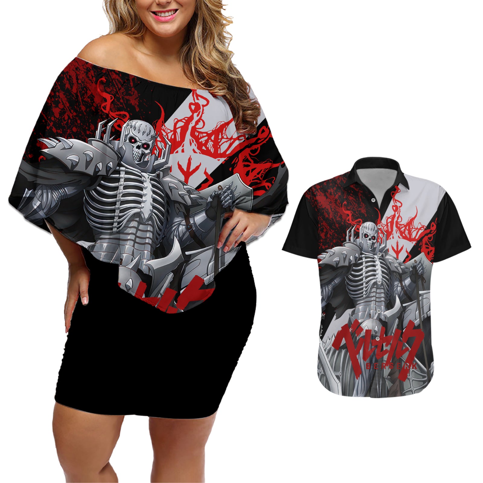 The Skull Knight Berserk Couples Matching Off Shoulder Short Dress and Hawaiian Shirt Black Blood Style