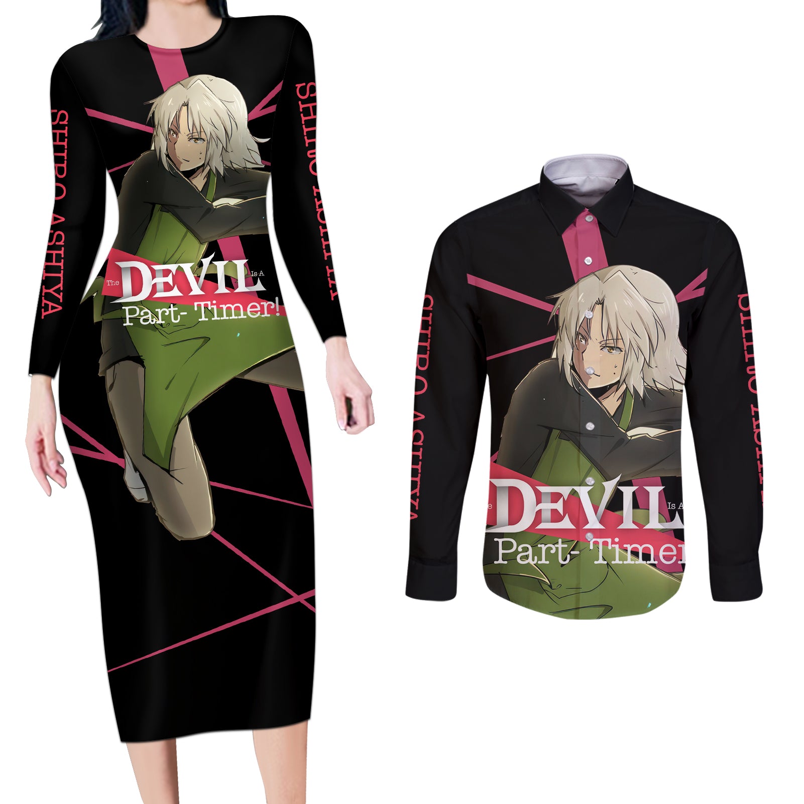 Shiro Ashiya The Devil Part Timer Couples Matching Long Sleeve Bodycon Dress and Long Sleeve Button Shirt Anime Style