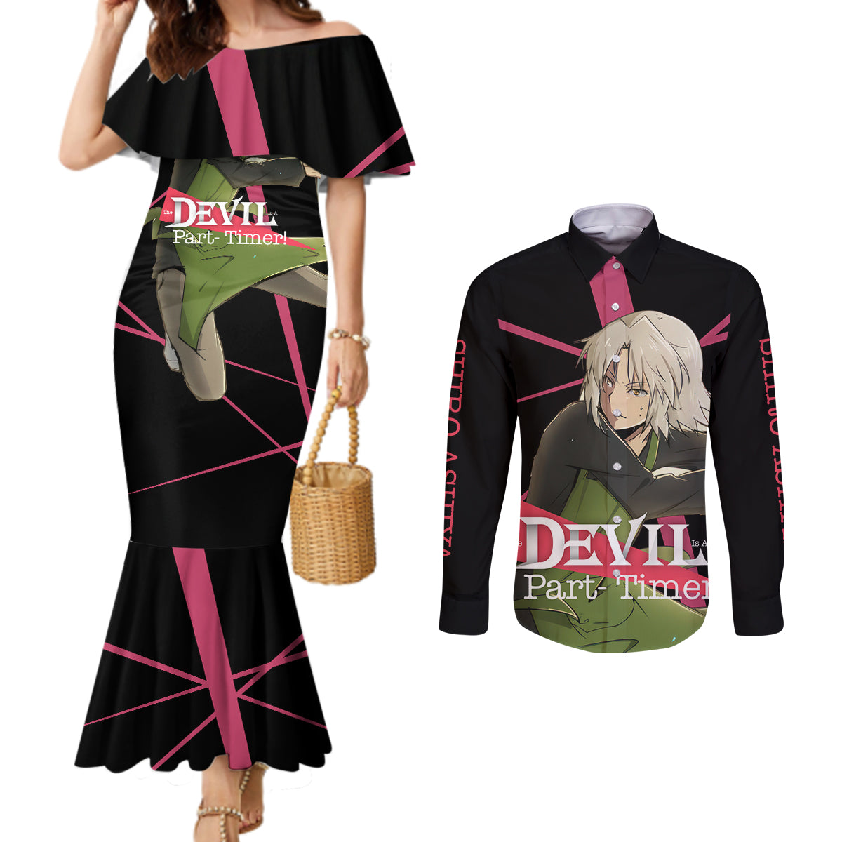 Shiro Ashiya The Devil Part Timer Couples Matching Mermaid Dress and Long Sleeve Button Shirt Anime Style
