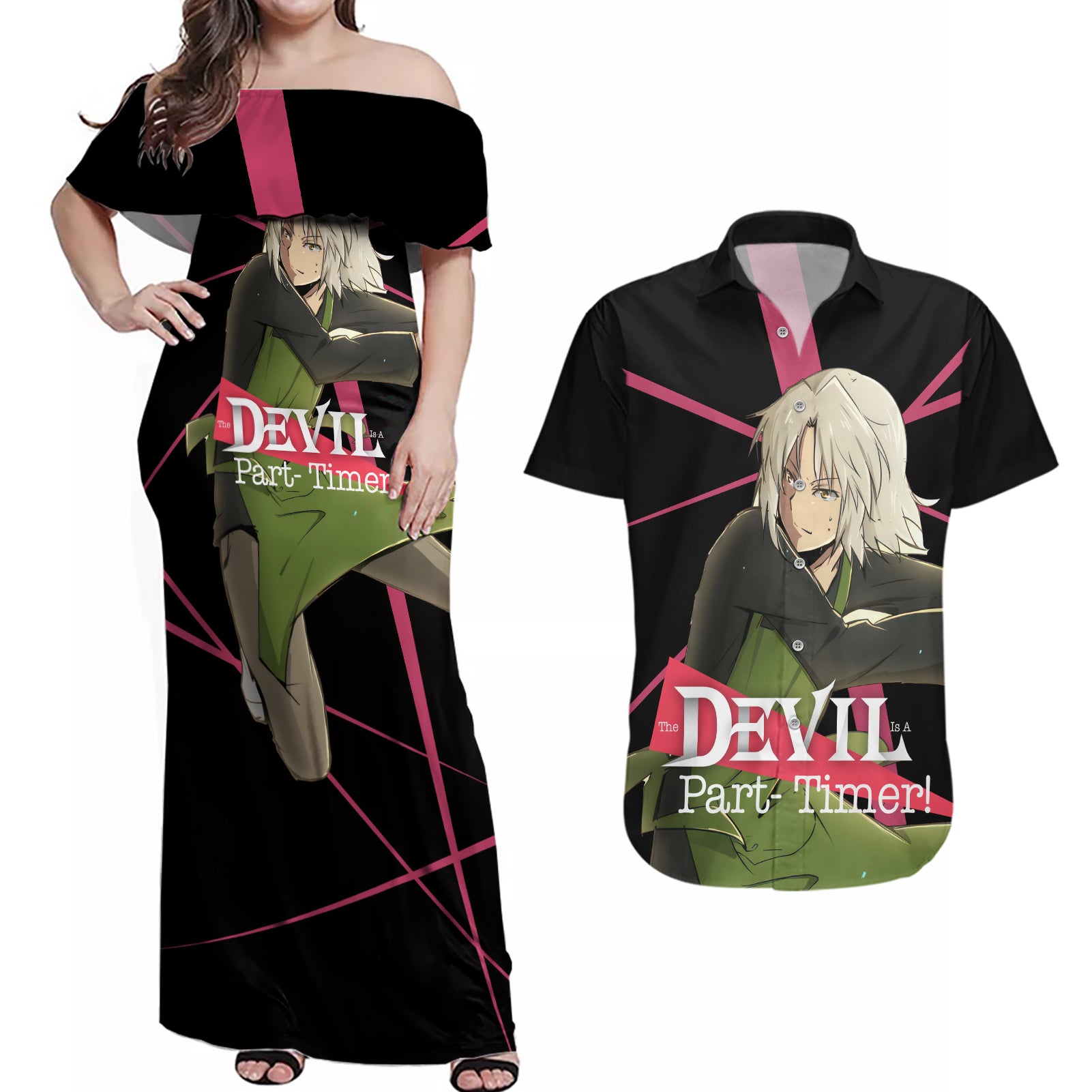 Shiro Ashiya The Devil Part Timer Couples Matching Off Shoulder Maxi Dress and Hawaiian Shirt Anime Style