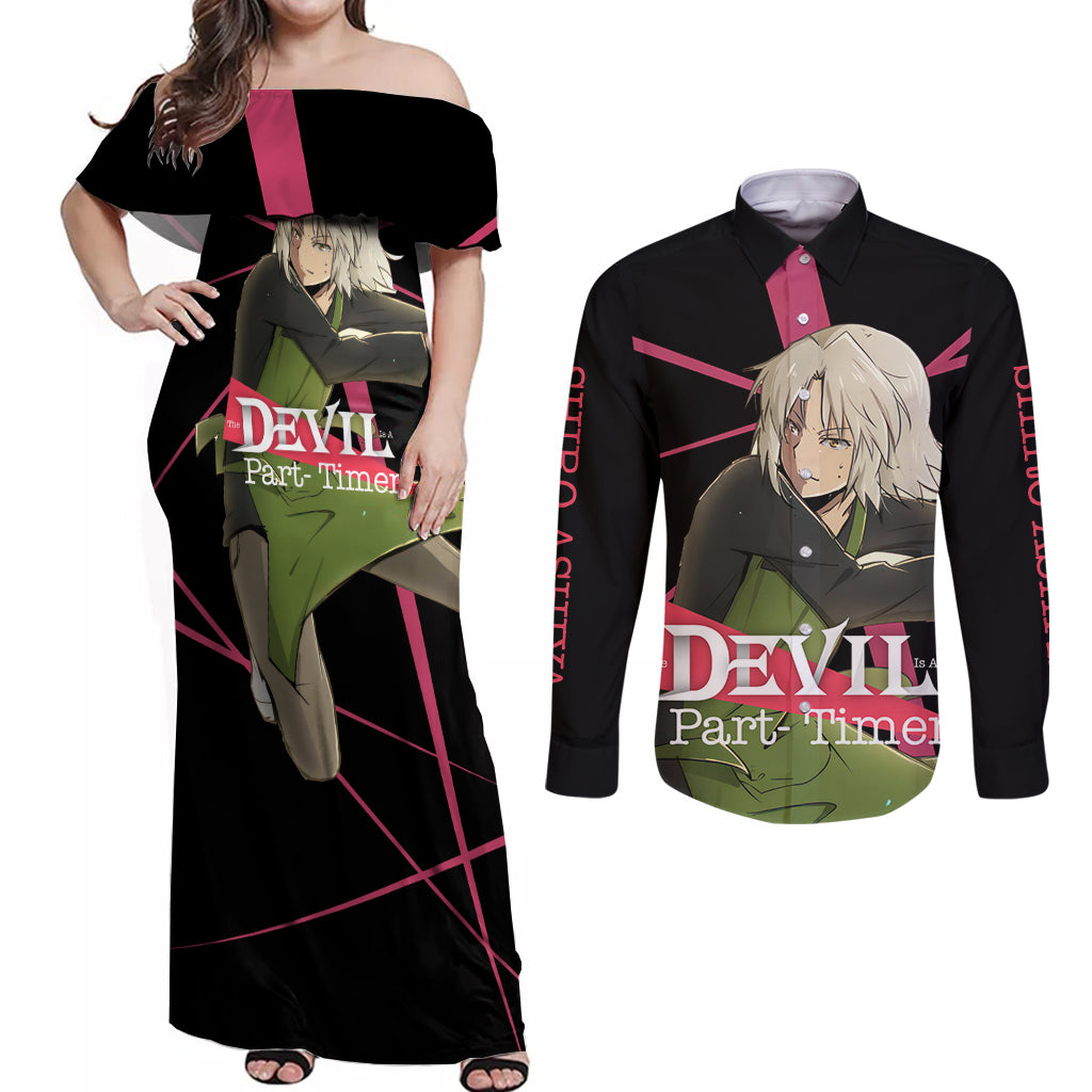 Shiro Ashiya The Devil Part Timer Couples Matching Off Shoulder Maxi Dress and Long Sleeve Button Shirt Anime Style