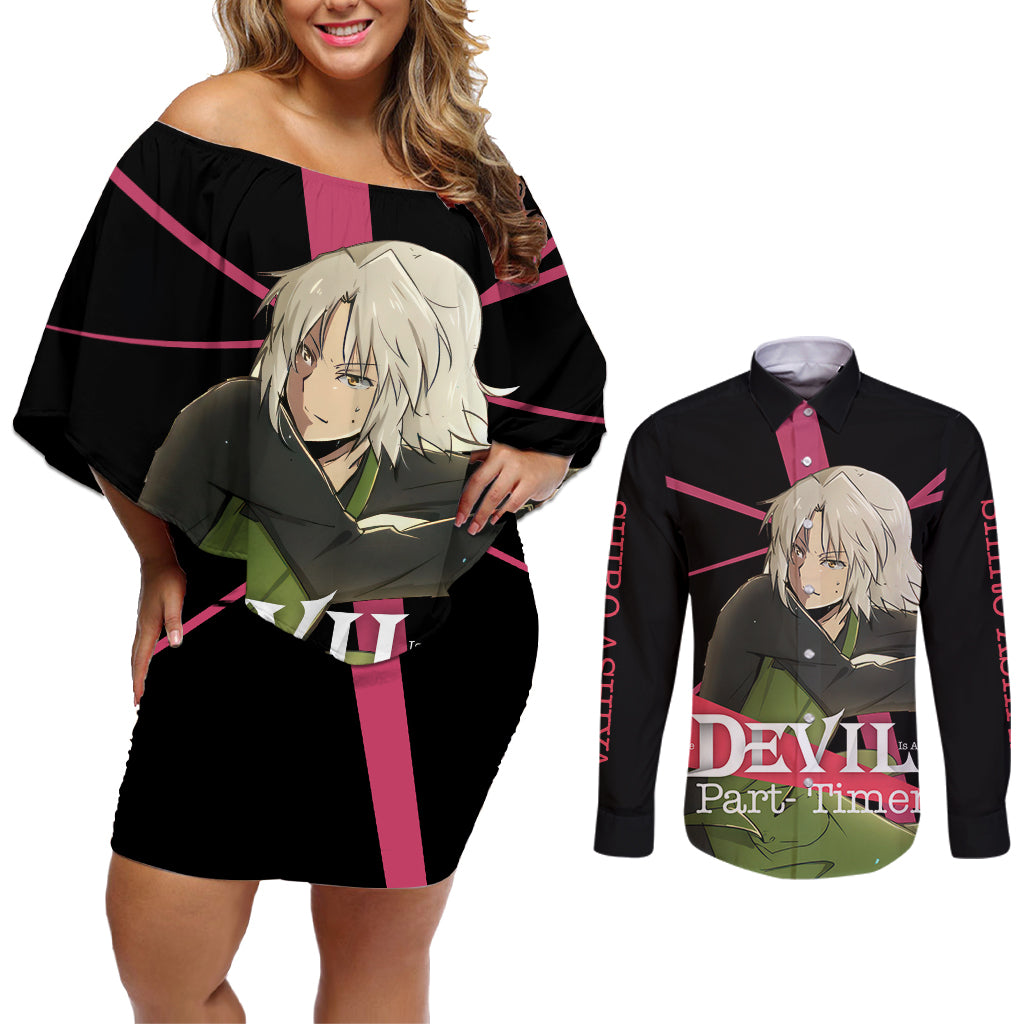 Shiro Ashiya The Devil Part Timer Couples Matching Off Shoulder Short Dress and Long Sleeve Button Shirt Anime Style
