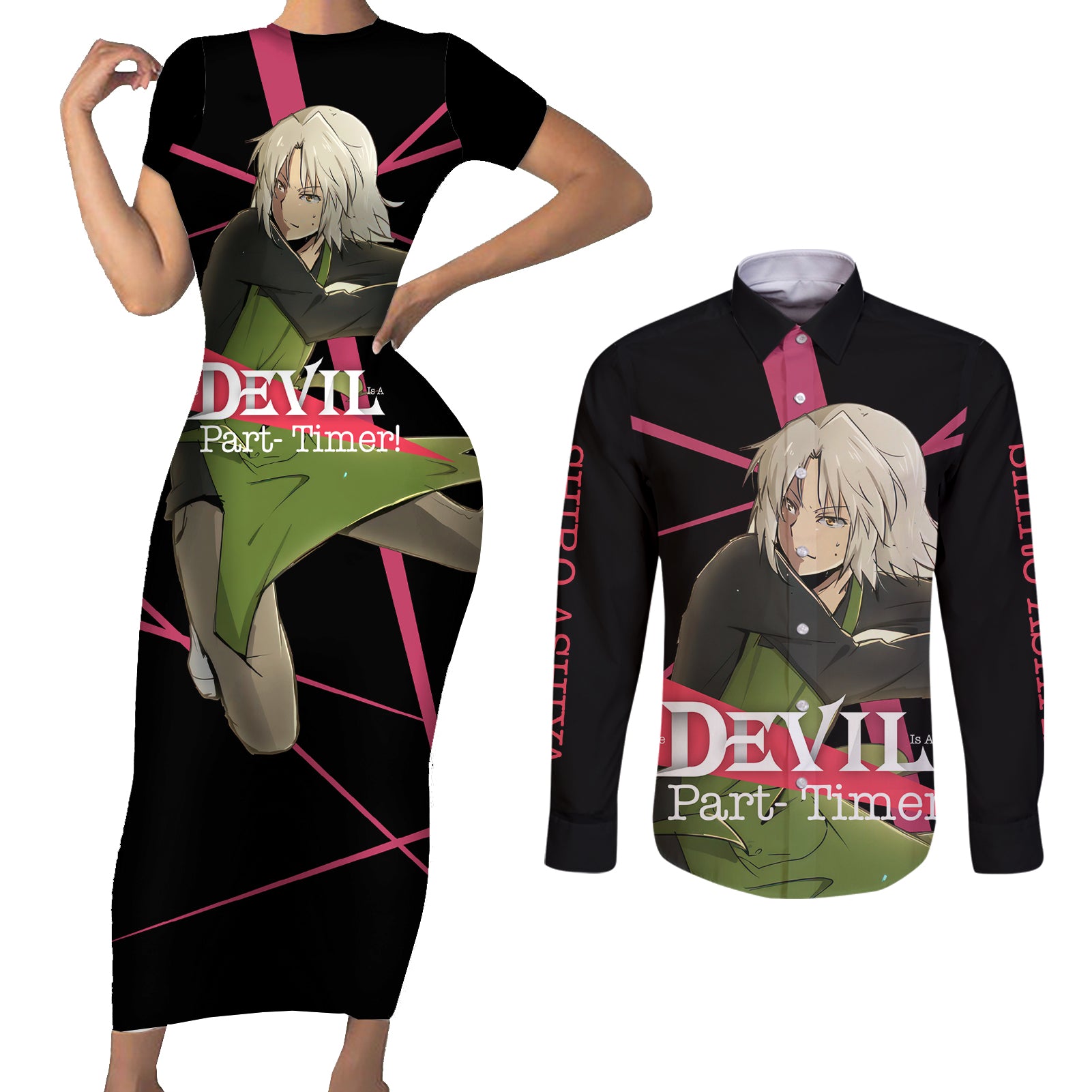 Shiro Ashiya The Devil Part Timer Couples Matching Short Sleeve Bodycon Dress and Long Sleeve Button Shirt Anime Style