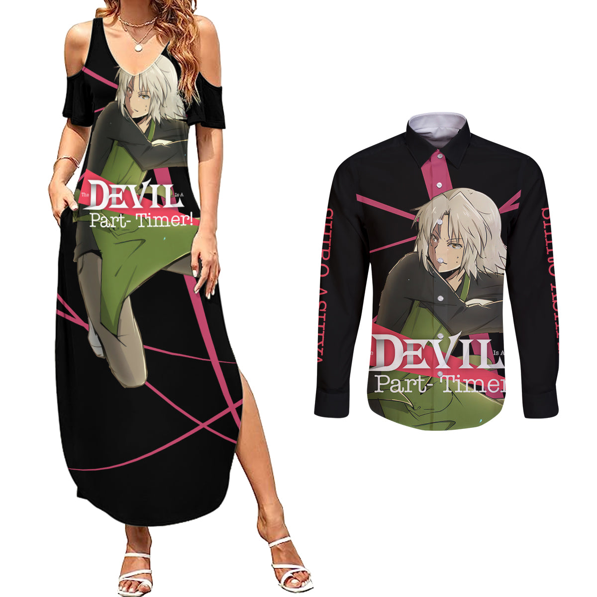 Shiro Ashiya The Devil Part Timer Couples Matching Summer Maxi Dress and Long Sleeve Button Shirt Anime Style