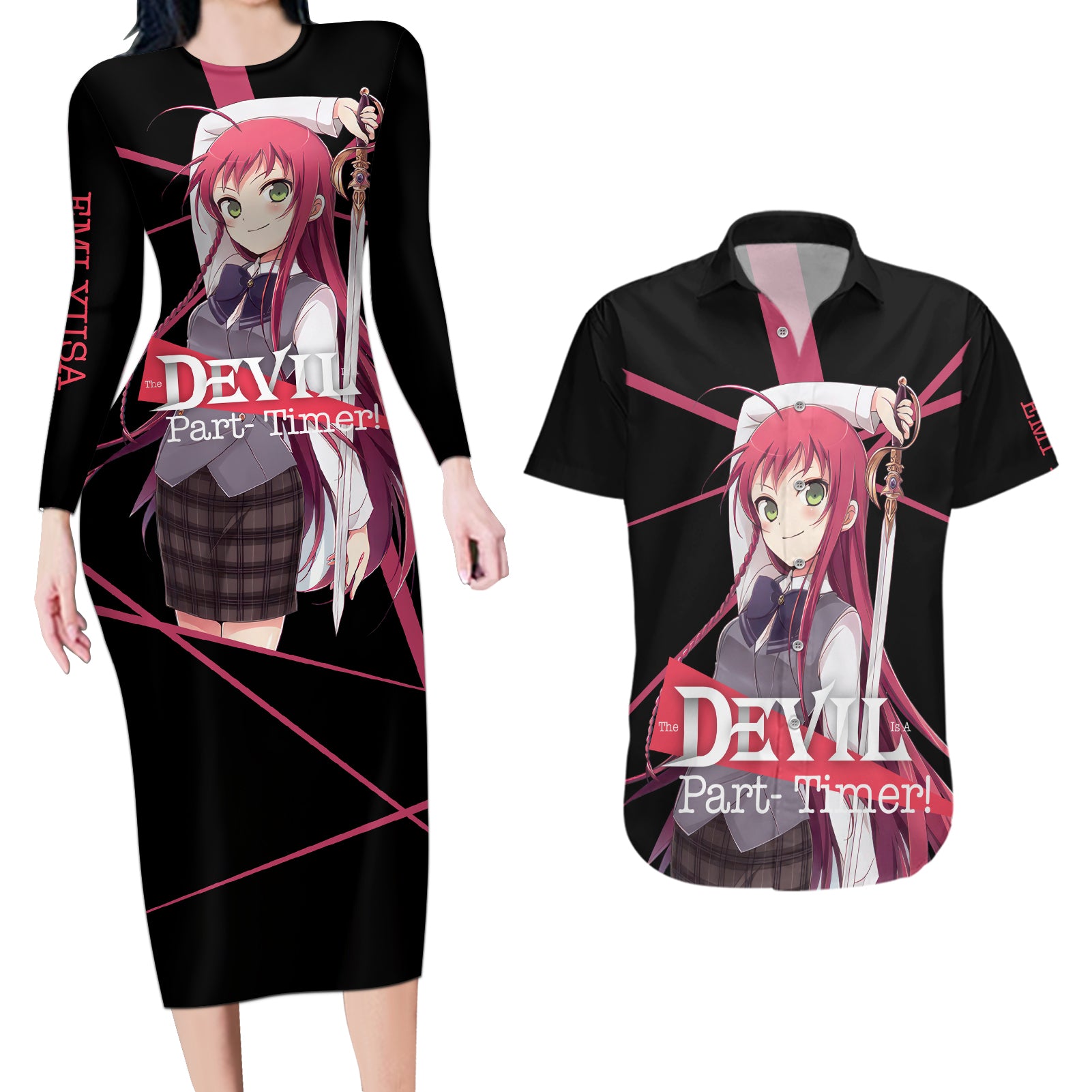 Emi Yusa The Devil Part Timer Couples Matching Long Sleeve Bodycon Dress and Hawaiian Shirt Anime Style