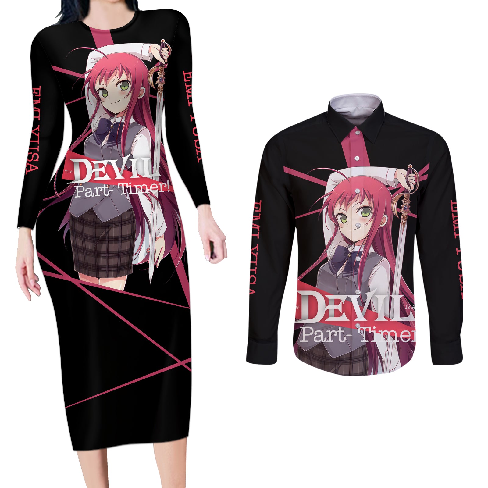 Emi Yusa The Devil Part Timer Couples Matching Long Sleeve Bodycon Dress and Long Sleeve Button Shirt Anime Style