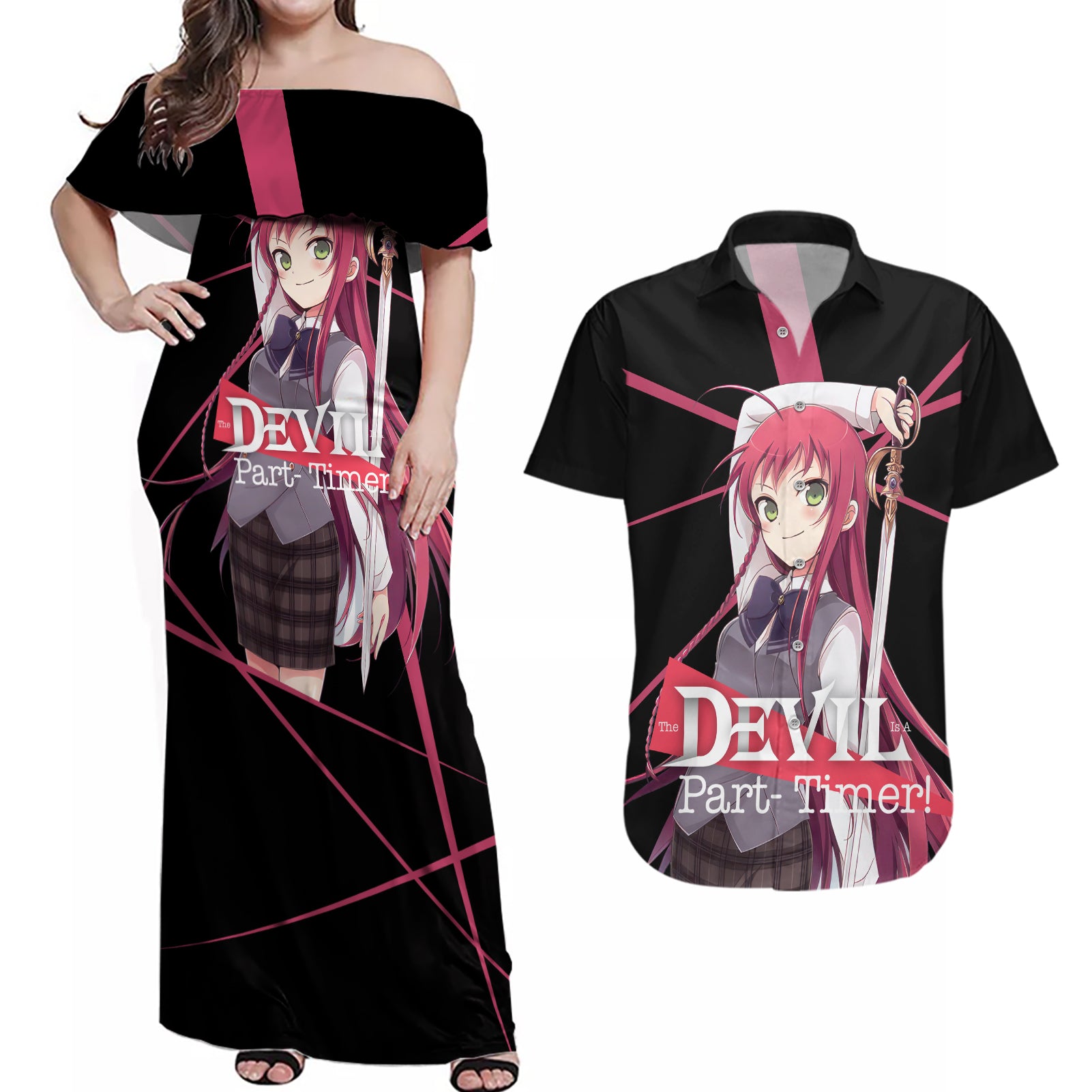 Emi Yusa The Devil Part Timer Couples Matching Off Shoulder Maxi Dress and Hawaiian Shirt Anime Style