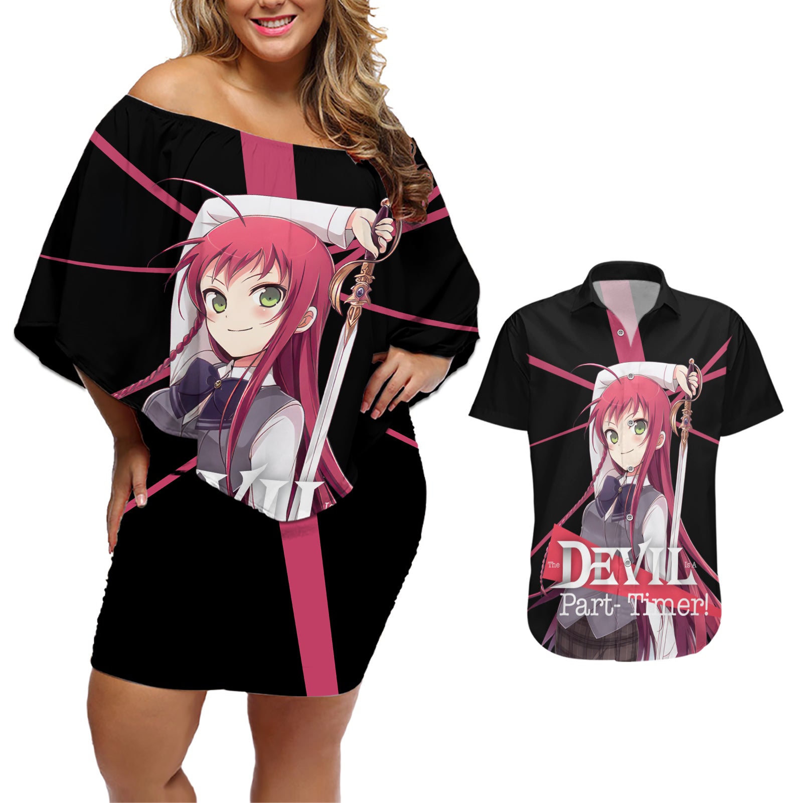 Emi Yusa The Devil Part Timer Couples Matching Off Shoulder Short Dress and Hawaiian Shirt Anime Style