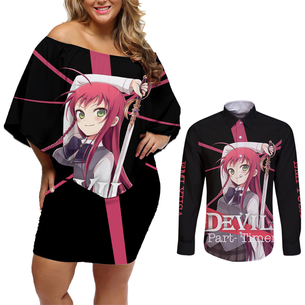 Emi Yusa The Devil Part Timer Couples Matching Off Shoulder Short Dress and Long Sleeve Button Shirt Anime Style