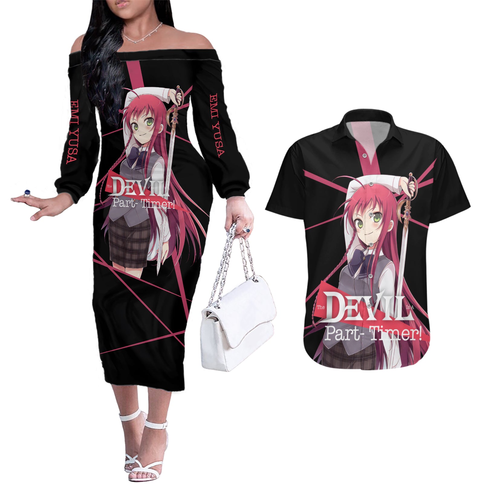 Emi Yusa The Devil Part Timer Couples Matching Off The Shoulder Long Sleeve Dress and Hawaiian Shirt Anime Style