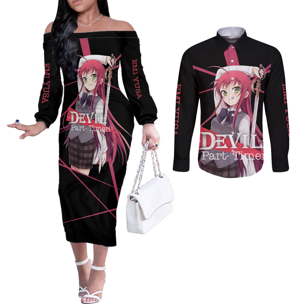 Emi Yusa The Devil Part Timer Couples Matching Off The Shoulder Long Sleeve Dress and Long Sleeve Button Shirt Anime Style