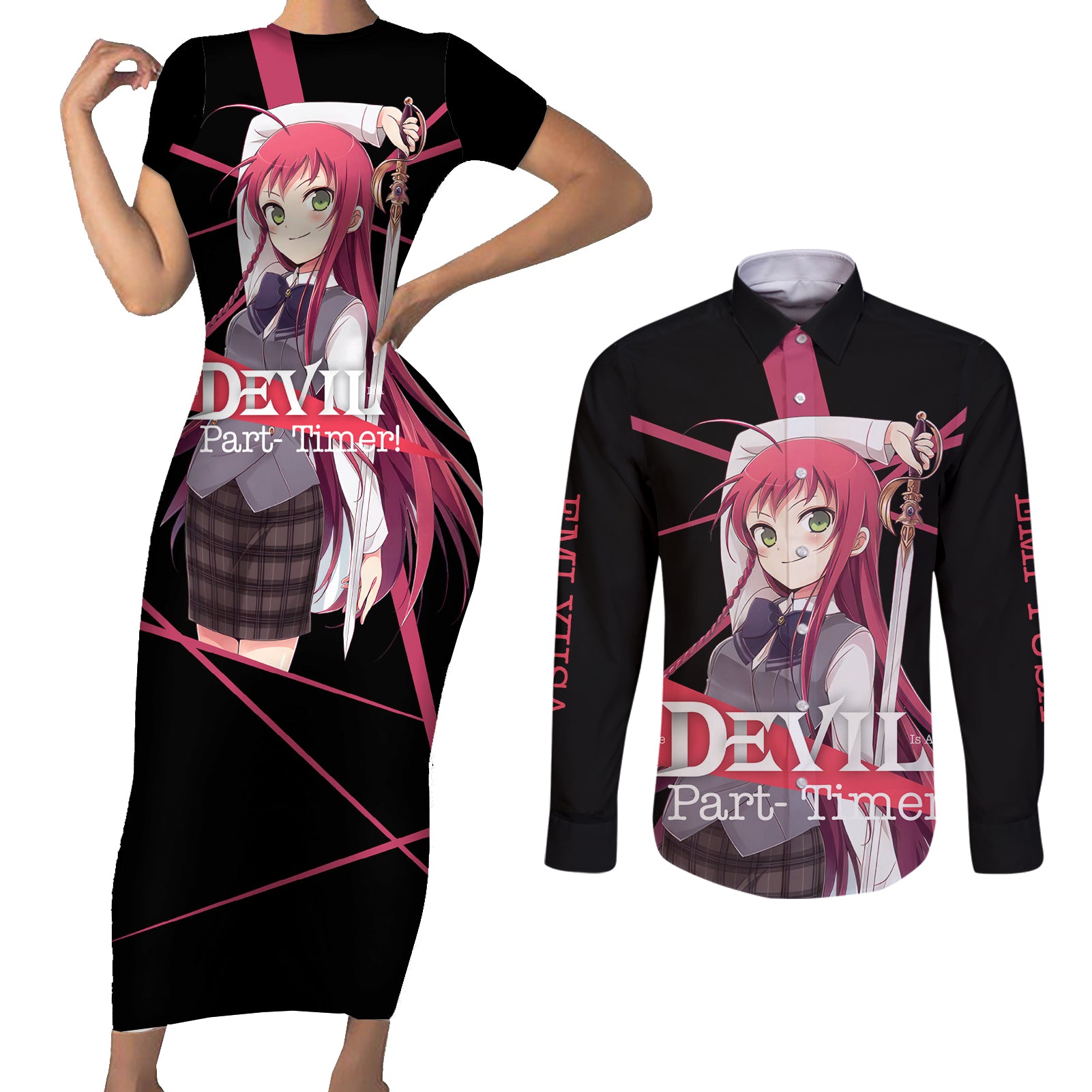 Emi Yusa The Devil Part Timer Couples Matching Short Sleeve Bodycon Dress and Long Sleeve Button Shirt Anime Style