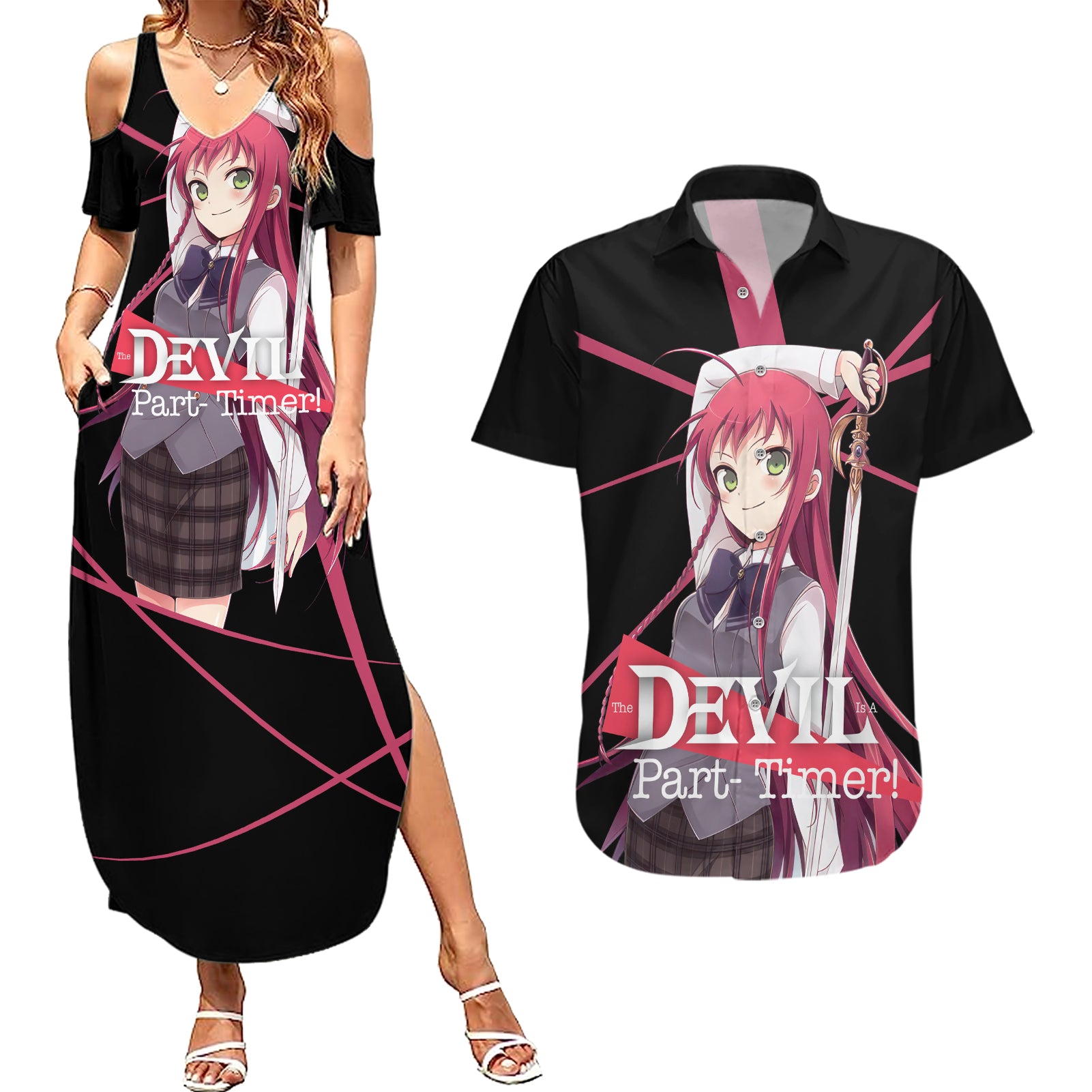 Emi Yusa The Devil Part Timer Couples Matching Summer Maxi Dress and Hawaiian Shirt Anime Style