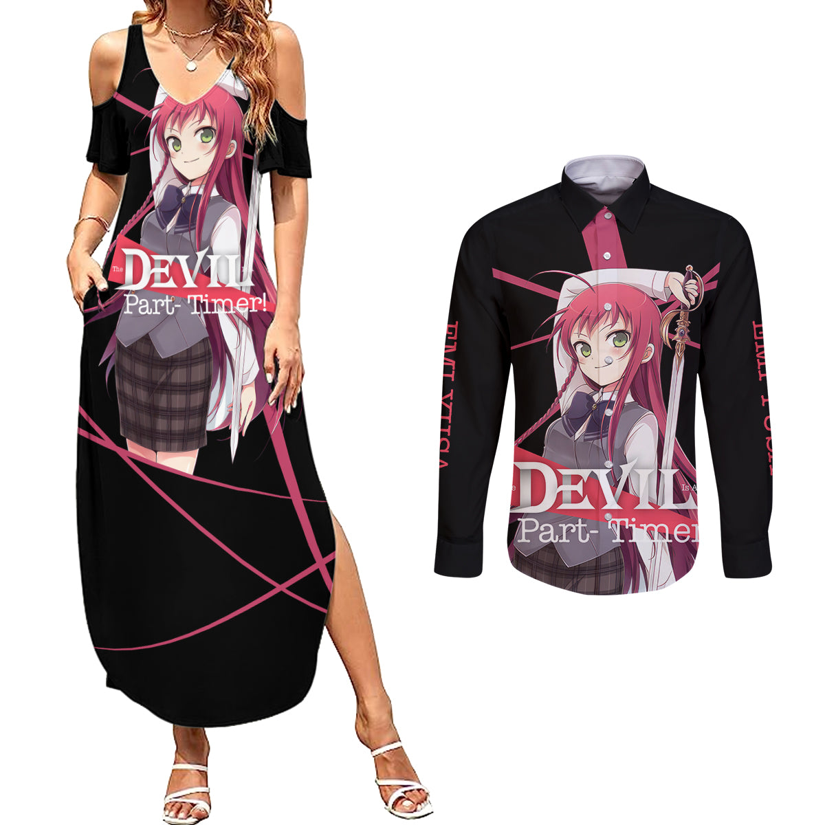 Emi Yusa The Devil Part Timer Couples Matching Summer Maxi Dress and Long Sleeve Button Shirt Anime Style