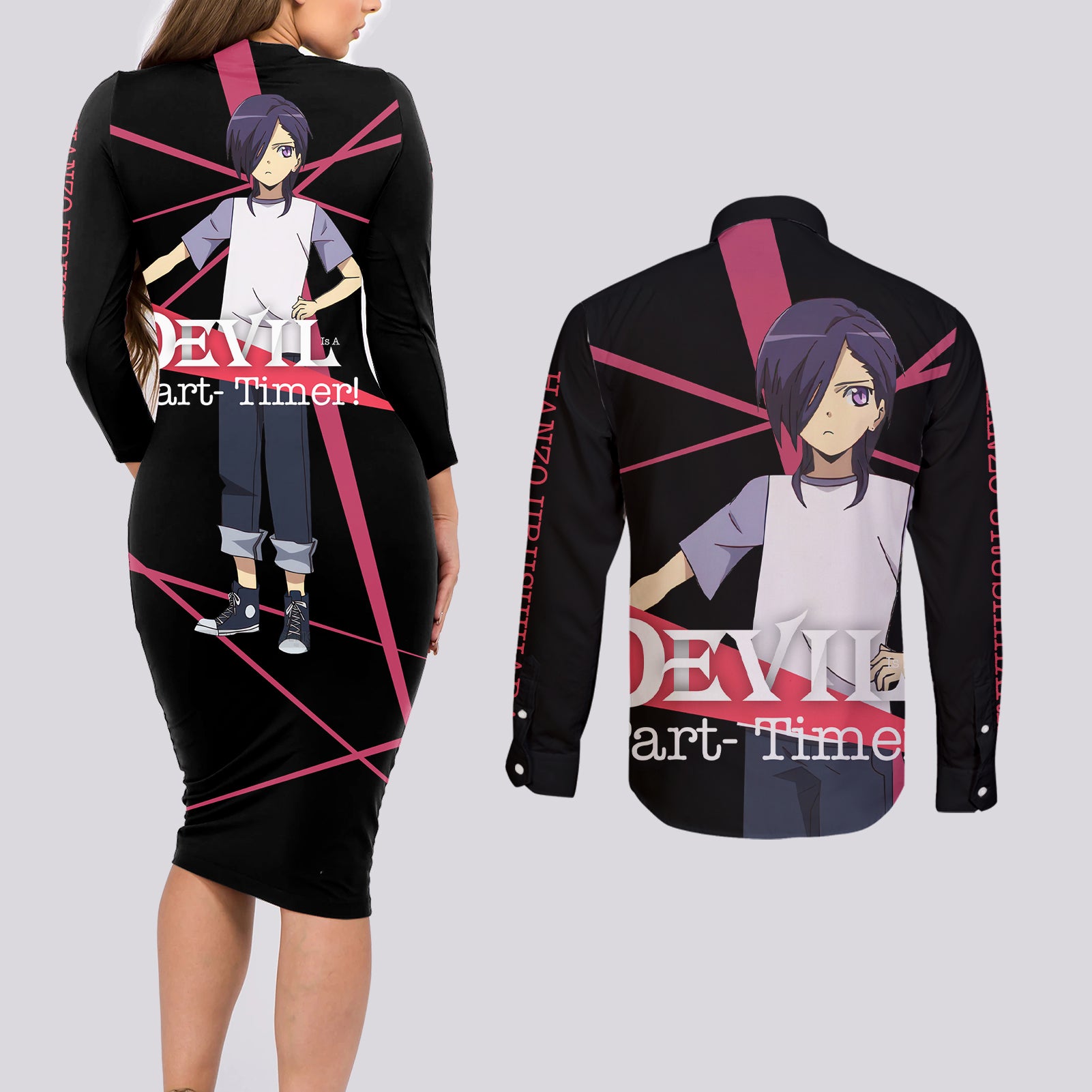 Hanzo Urushihara The Devil Part Timer Couples Matching Long Sleeve Bodycon Dress and Long Sleeve Button Shirt Anime Style