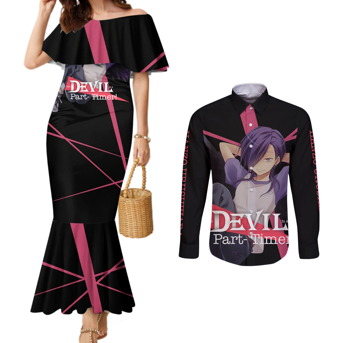Hanzo Urushihara The Devil Part Timer Couples Matching Mermaid Dress and Long Sleeve Button Shirt Anime Style