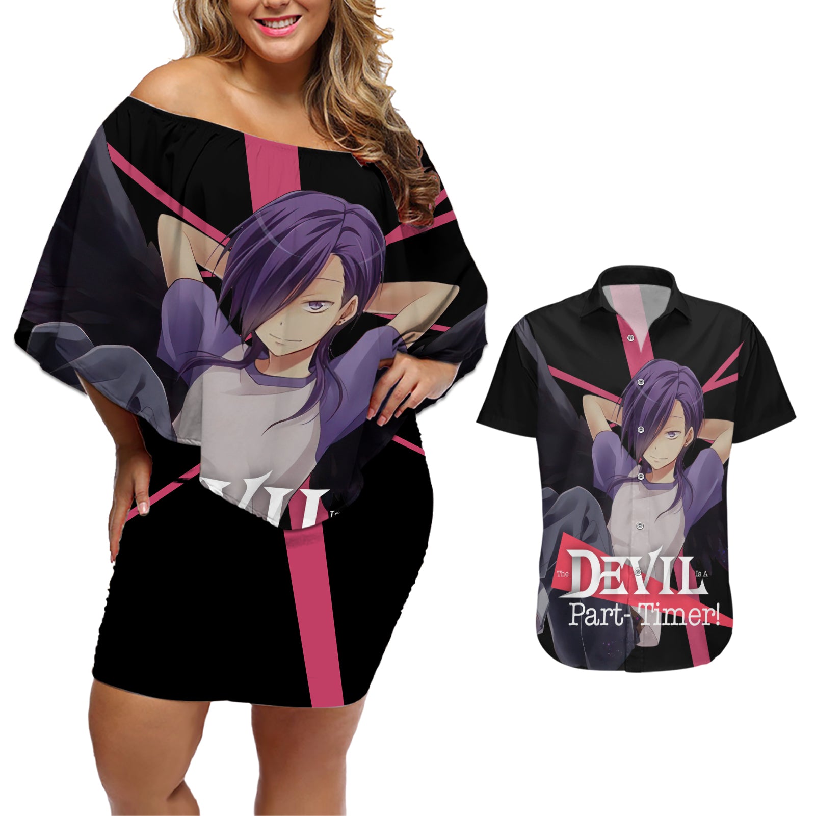 Hanzo Urushihara The Devil Part Timer Couples Matching Off Shoulder Short Dress and Hawaiian Shirt Anime Style