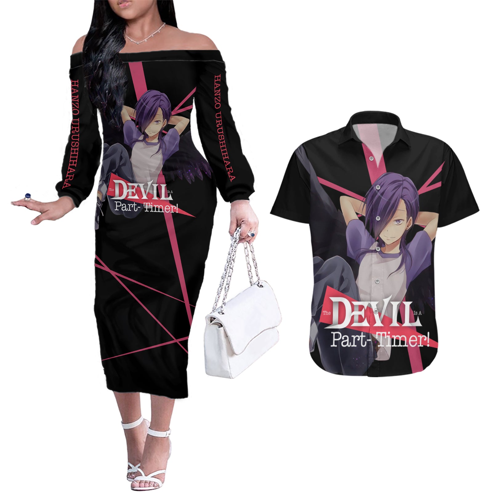 Hanzo Urushihara The Devil Part Timer Couples Matching Off The Shoulder Long Sleeve Dress and Hawaiian Shirt Anime Style