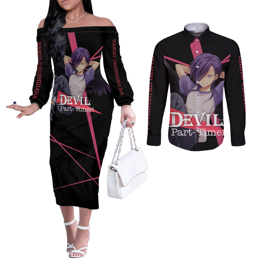Hanzo Urushihara The Devil Part Timer Couples Matching Off The Shoulder Long Sleeve Dress and Long Sleeve Button Shirt Anime Style