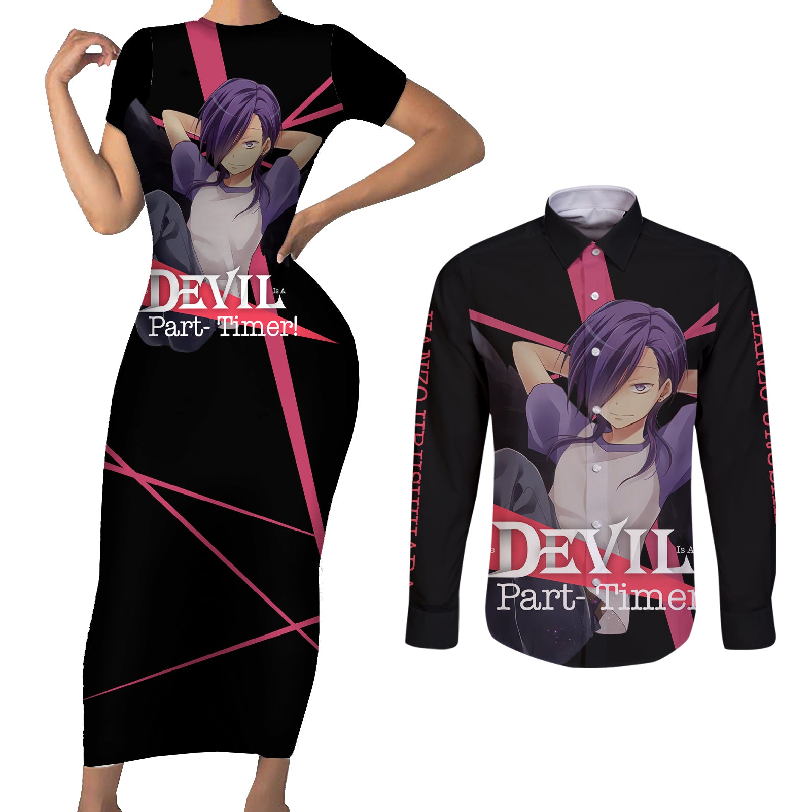Hanzo Urushihara The Devil Part Timer Couples Matching Short Sleeve Bodycon Dress and Long Sleeve Button Shirt Anime Style